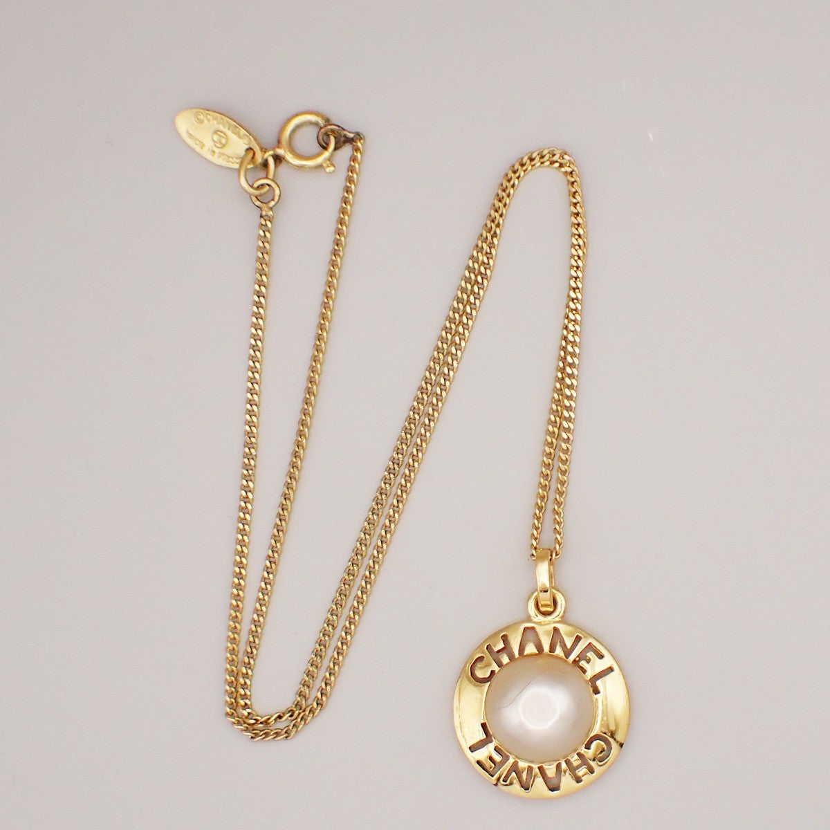 CHANEL CC Logo Imitation Pearl Chain Pendant Necklace Gold France 32RL269