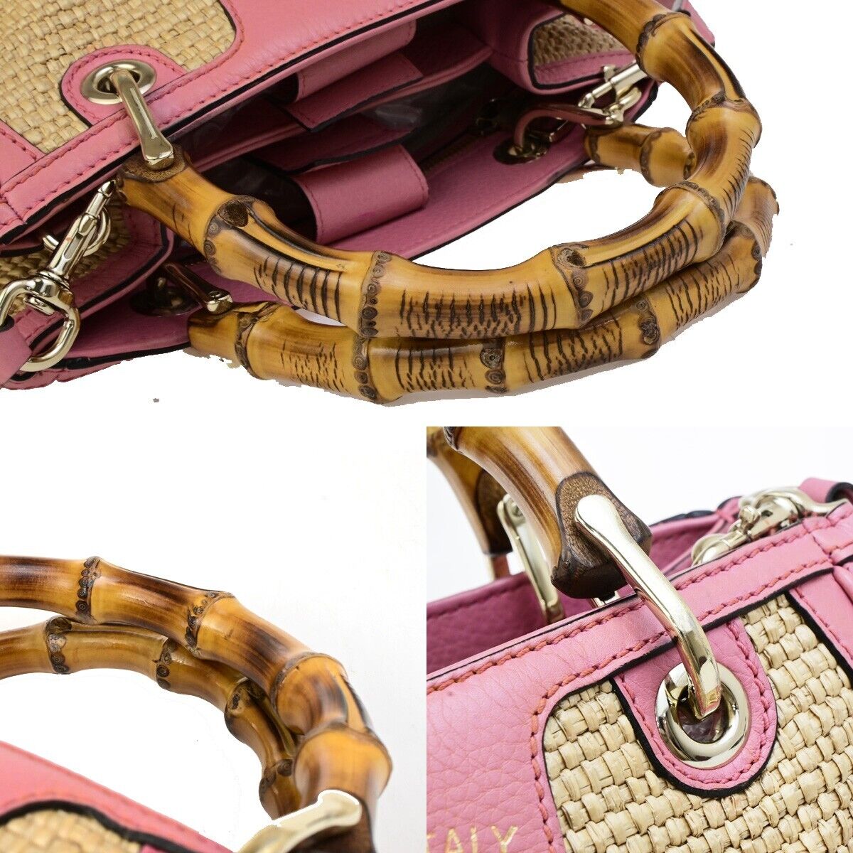 GUCCI Bamboo Shopper 2Way Shoulder Hand Bag Raffia Leather Pink Brown 84ED384
