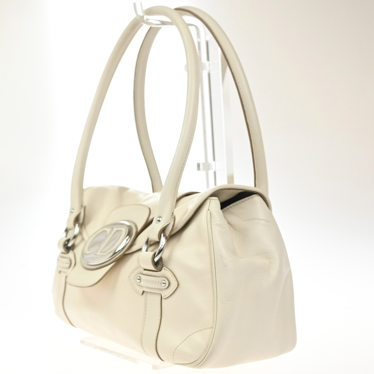 CHRISTIAN DIOR CD Logo Flap Shoulder Hand Bag Leather White SHW Italy 95MA437