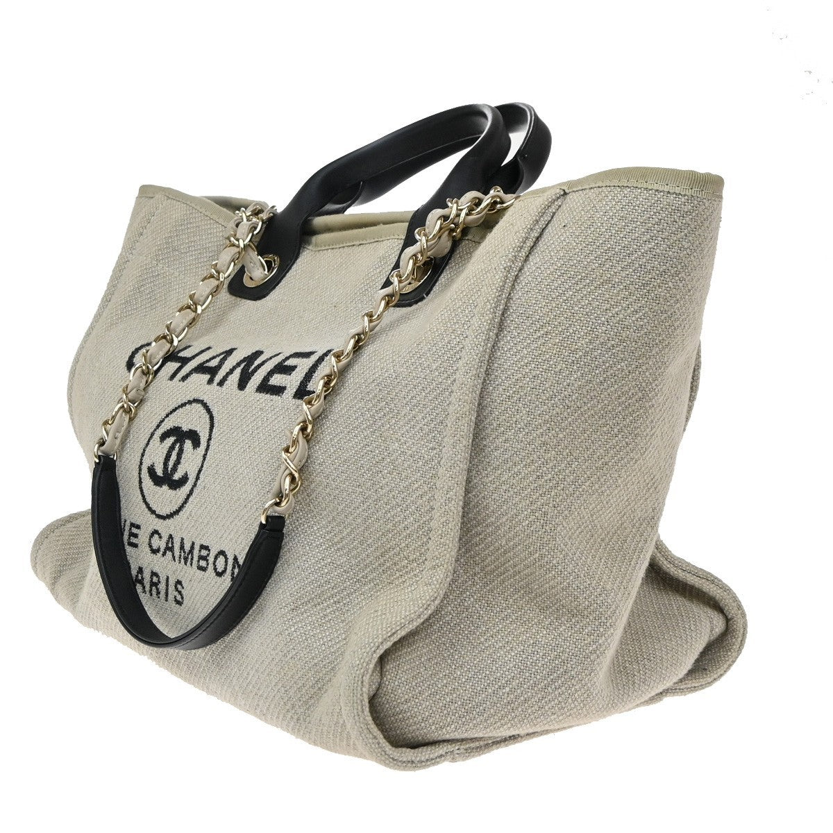 CHANEL Deauville 2Way Shoulder Hand Tote Bag Canvas Leather White Black 898RF787