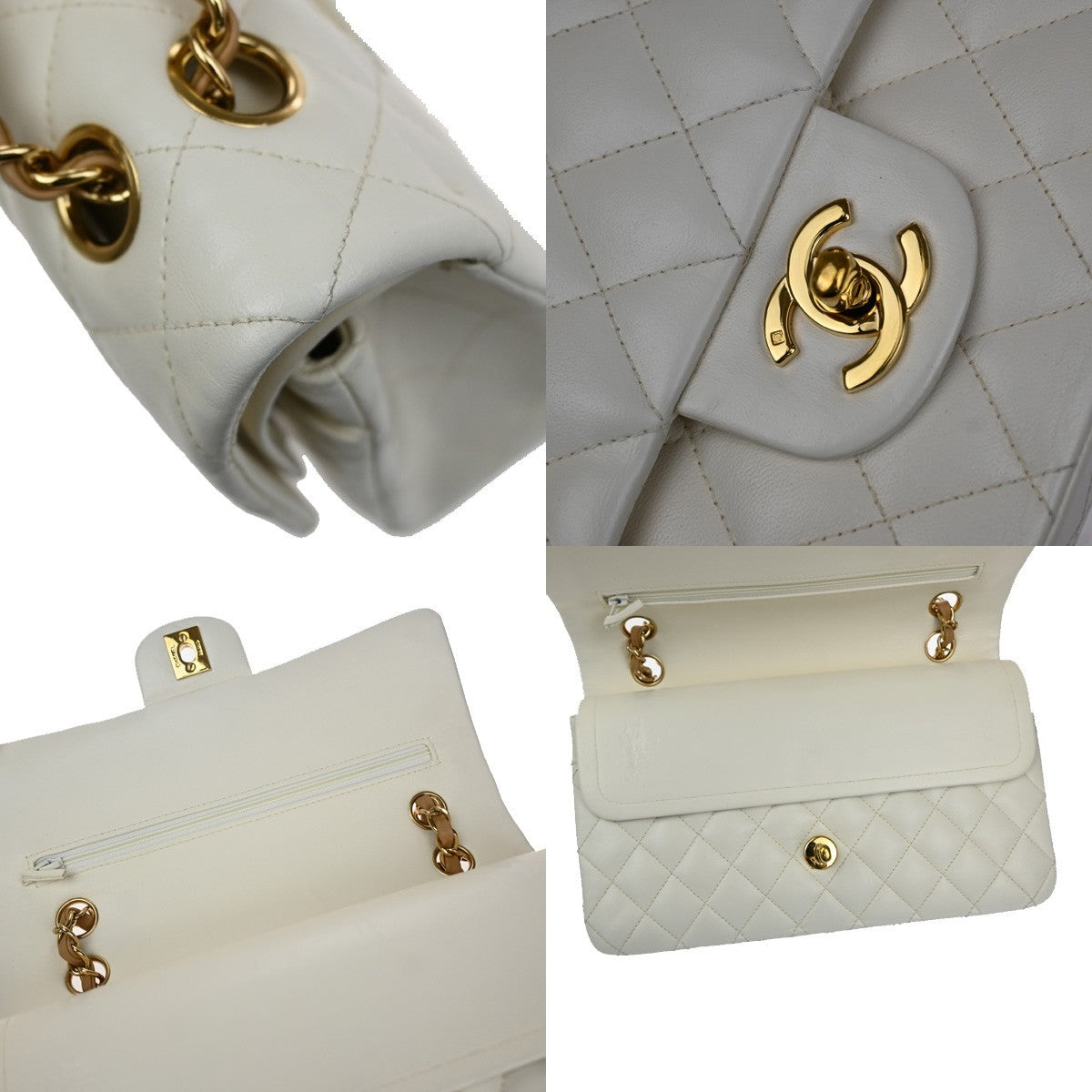 CHANEL CC Matelasse 25 Double Flap Chain Shoulder Bag Leather White GHW 870RQ054