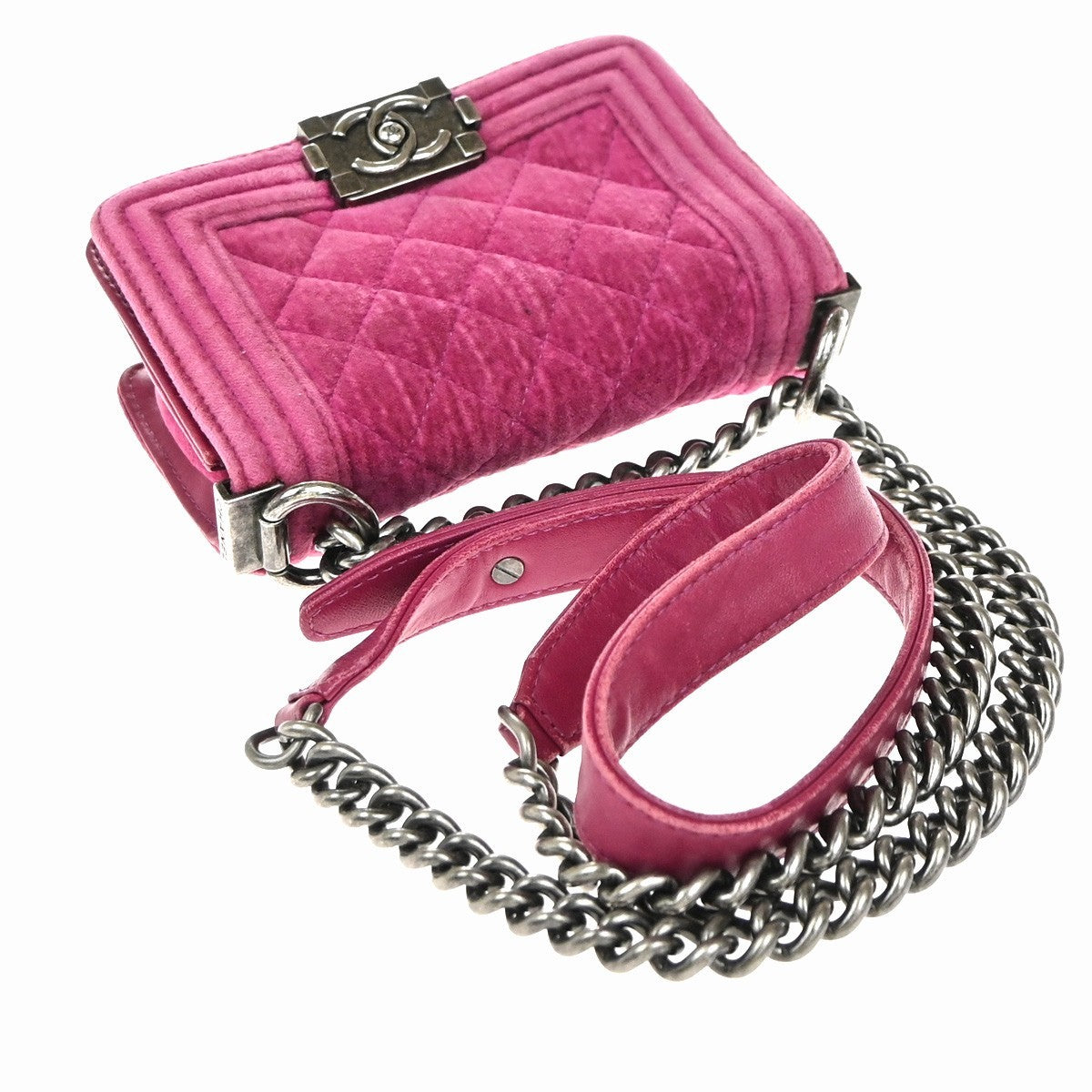 CHANEL CC Boy Matelasse Chain Mini Shoulder Bag Velvet Leather Pink SHW 652RP053