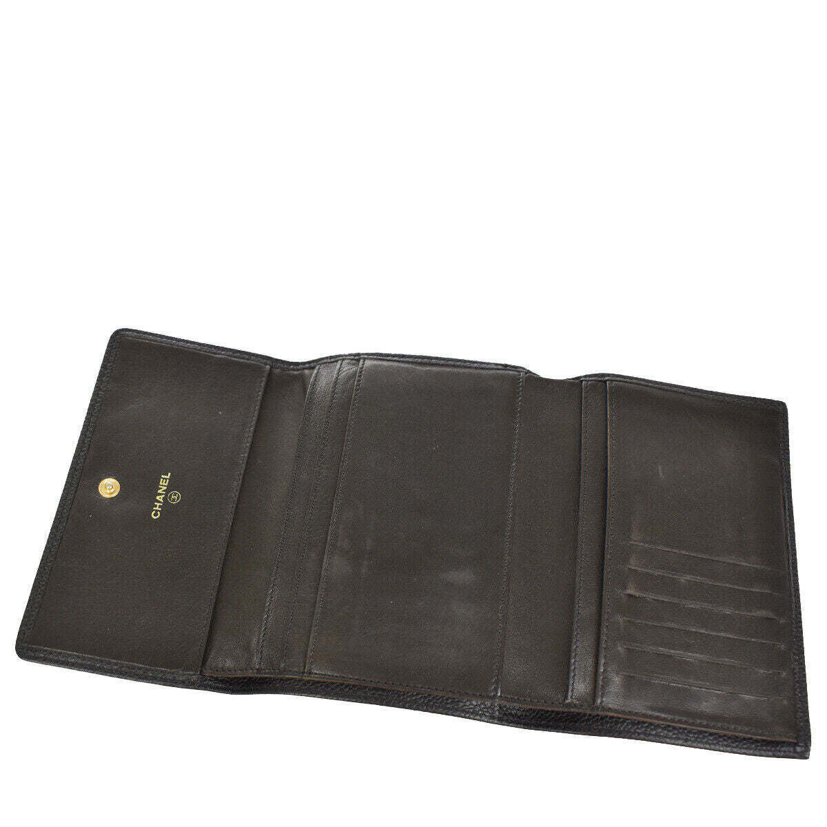 CHANEL CC Logo Trifold Wallet Purse Caviar Skin Leather Black Italy 30YB628