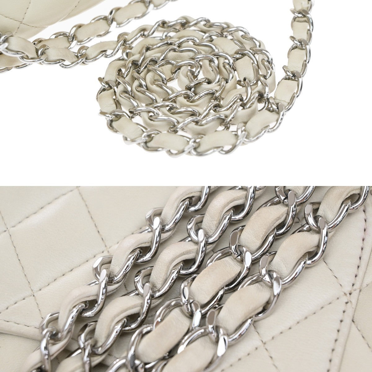 CHANEL CC Matelasse 25 Double Flap Chain Shoulder Bag Leather White SHW 700RP187
