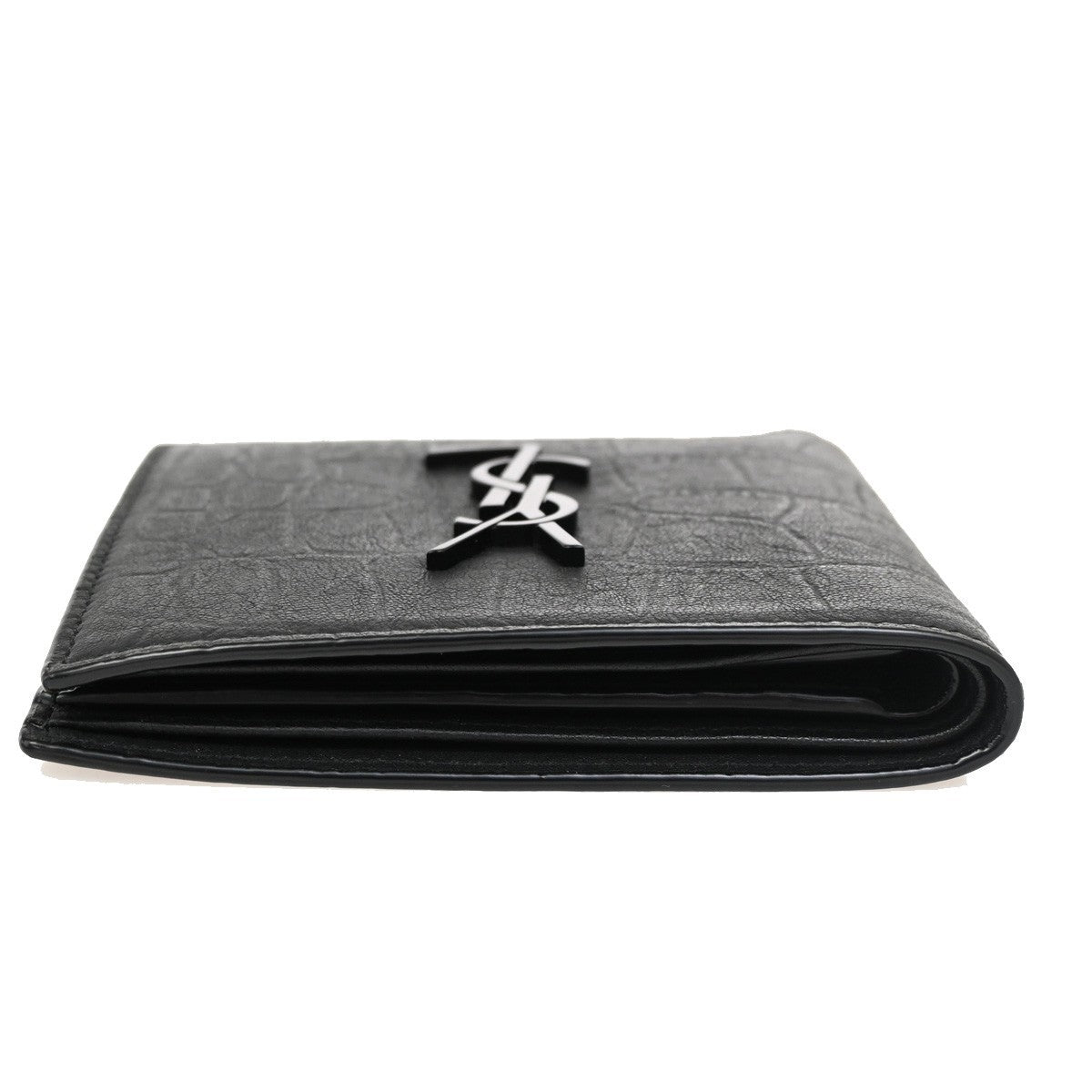 SAINT LAURENT YSL Logo Bifold Compact Wallet Embossing Leather BK Italy 84RL530