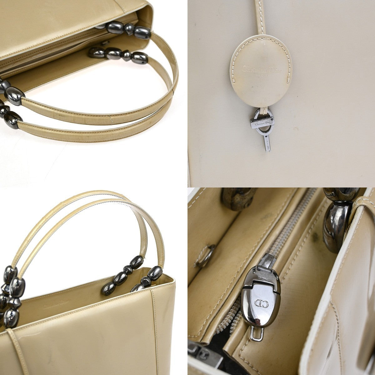 CHRISTIAN DIOR Maris Pearl Hand Bag  Hand Bag Patent Leather Beige SHW 30YH858