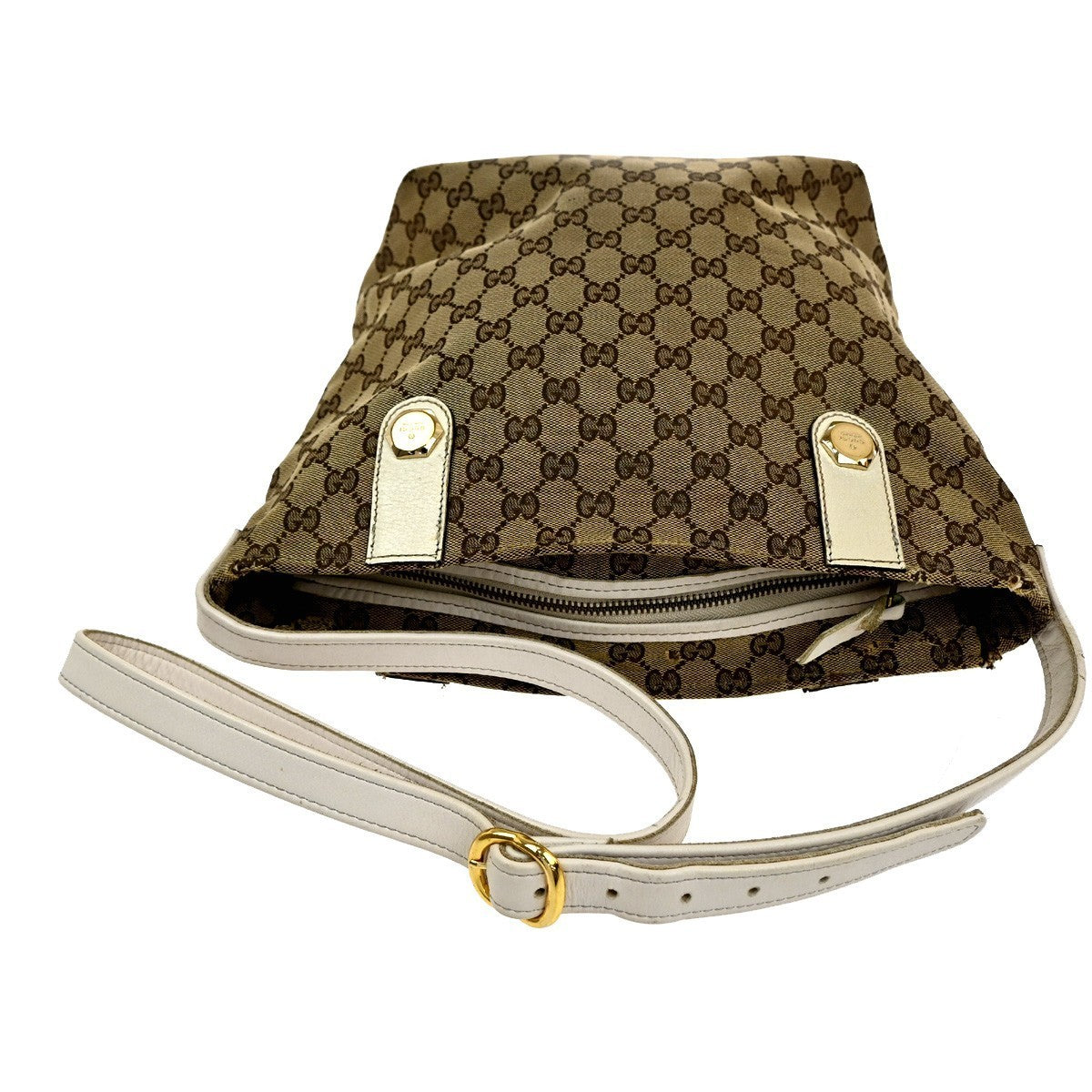 GUCCI Logo  Shoulder Bag GG  Canvas Leather Beige White GHW Italy 31CA457