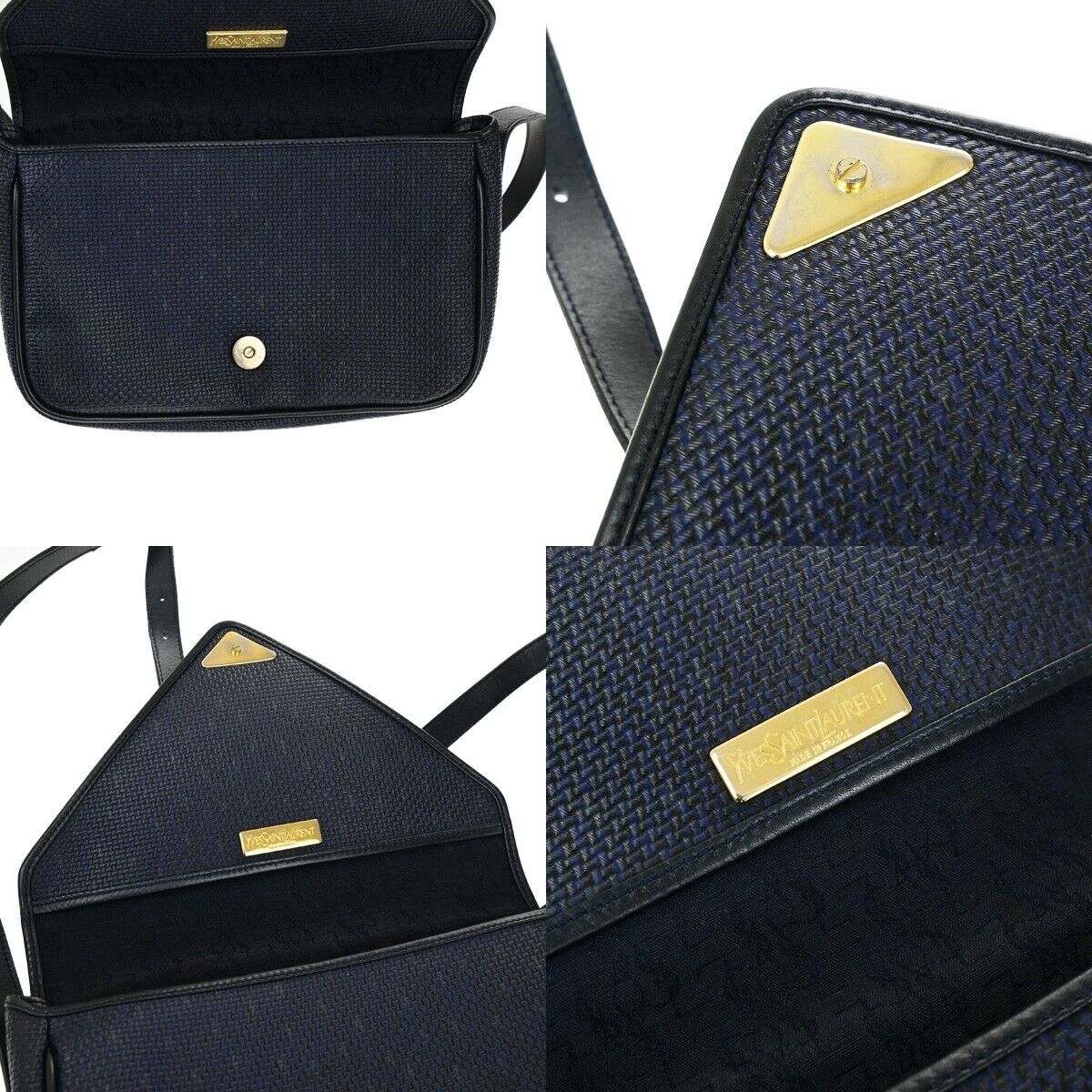 YVES SAINT LAURENT YSL Shoulder Bag Leather PVC Black Navy Blue Gold 66ED547