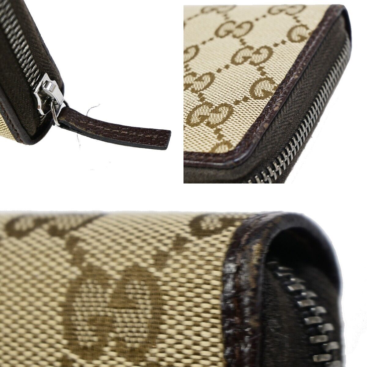 GUCCI Logo GG Pattern Long Bifold Zipper Wallet Canvas Leather Brown 39EB038