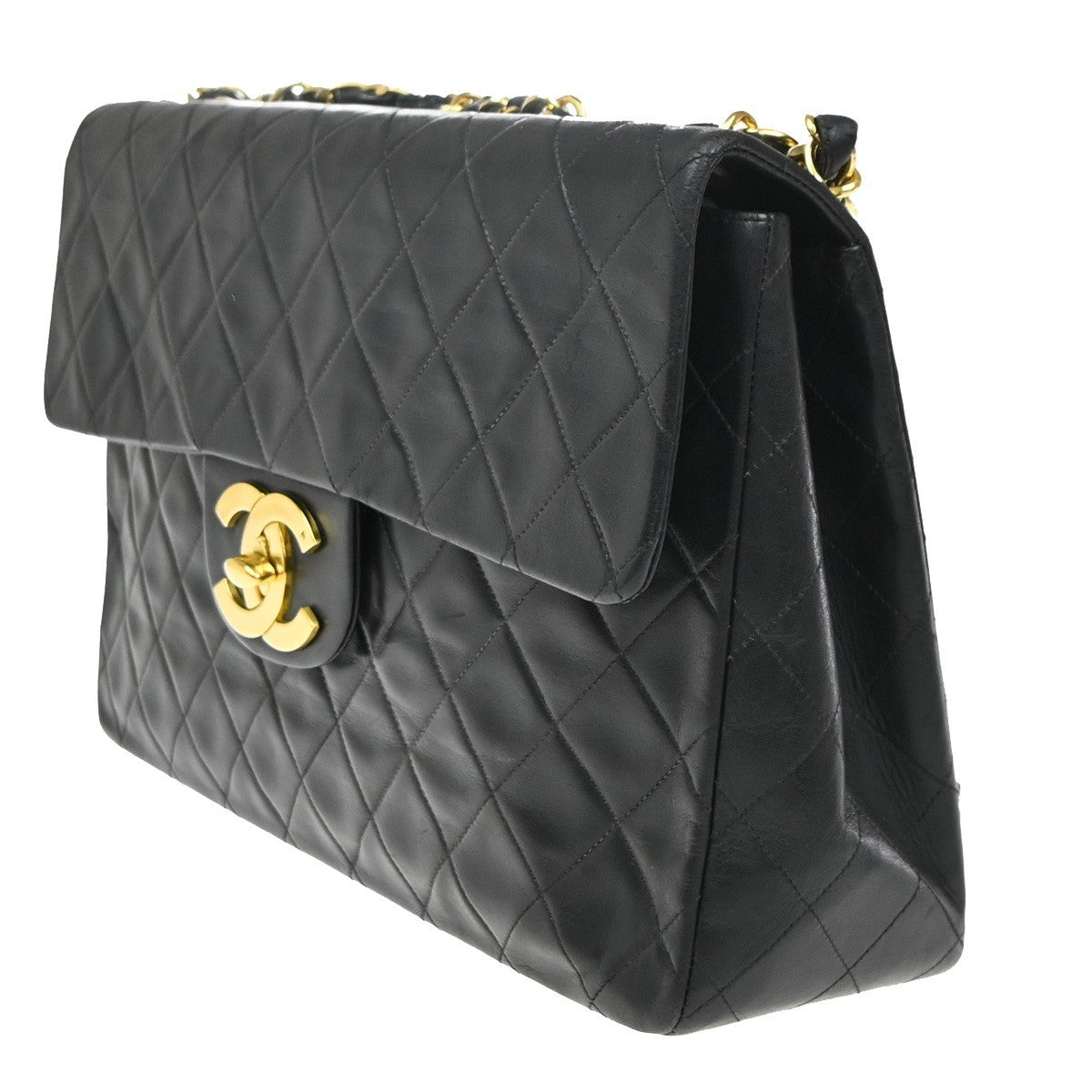 CHANEL Maxi Jumbo Matelasse 34 Chain Shoulder Bag Leather Black Vintage 356RF833