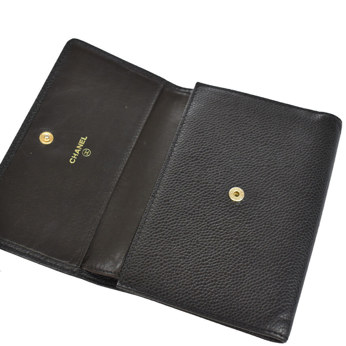 CHANEL CC Logo Trifold Wallet Purse Caviar Skin Leather Black Italy 30YB628