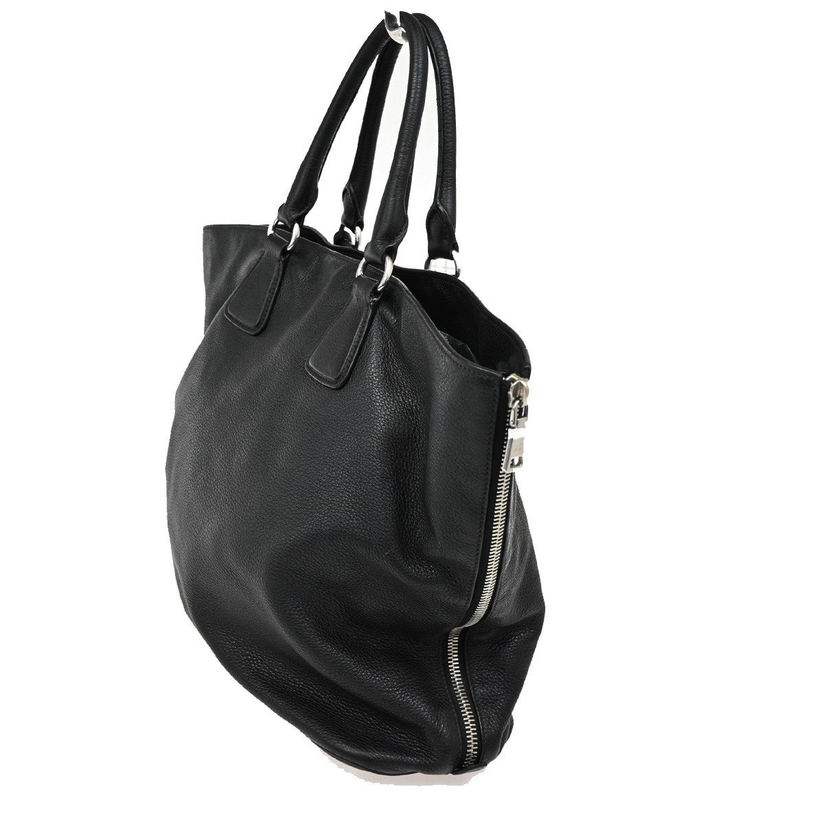 PRADA Logo Side zipper Hand Tote Bag Pebbled leather Black SHW 87TA115