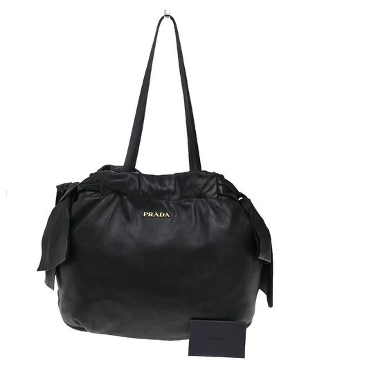 PRADA MILANO Logo Shoulder Tote Hand Bag Leather Black GHW Italy 85EE796
