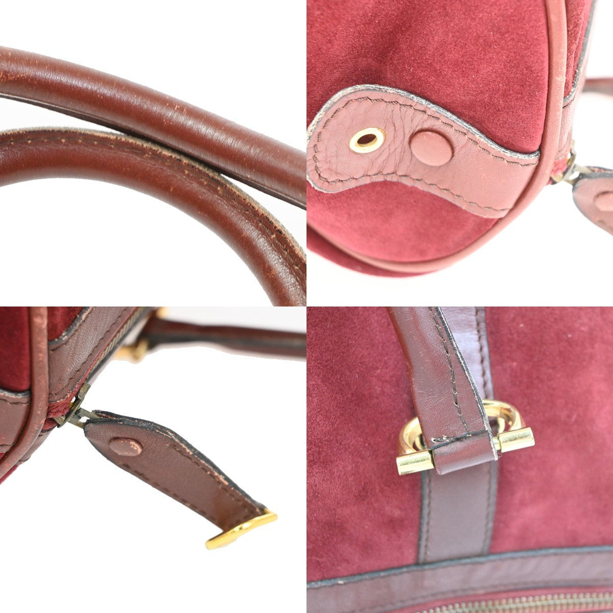 CARTIER Logo Boston Hand Bag Suede Leather Red Burgundy GHW 02CB004