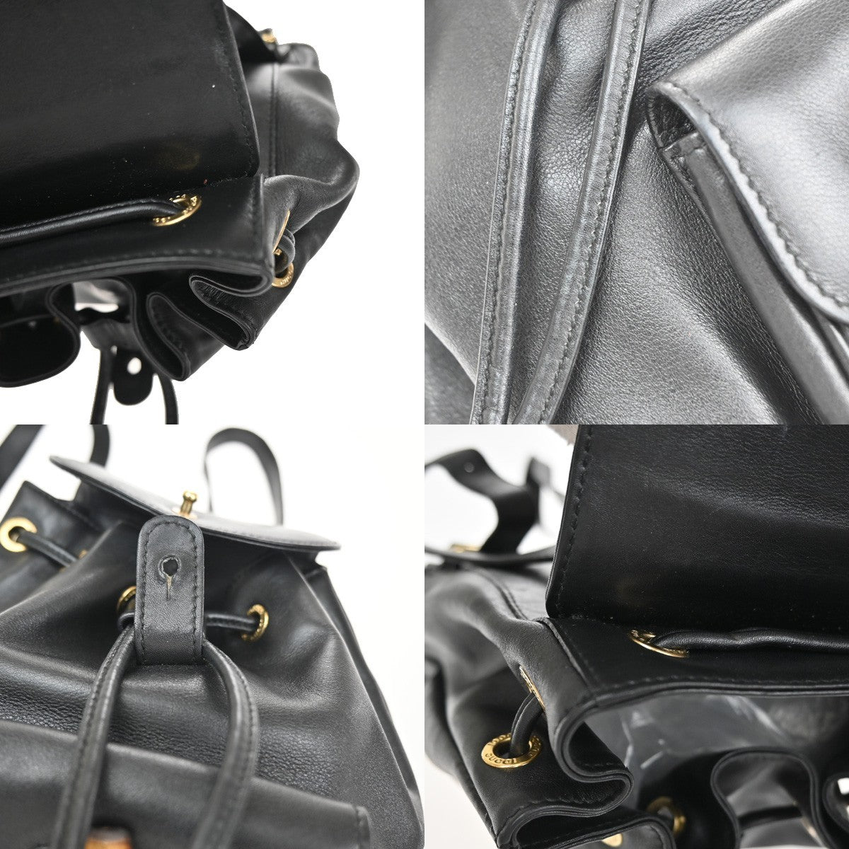 GUCCI Logo Bamboo Drawstring Backpack Bag Leather Black GHW Italy 85CA872
