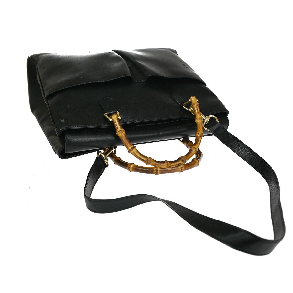 GUCCI Logo Bamboo 2Way Shoulder Hand Bag Leather Black Gold Italy 01DA076