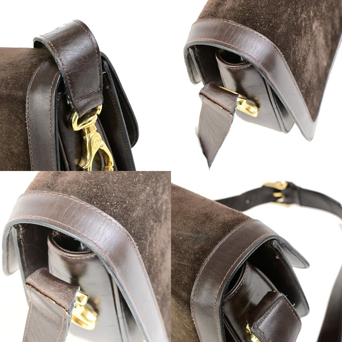 CELINE Logo Crossbody Shoulder Bag Suede Leather Brown GHW 63EC954