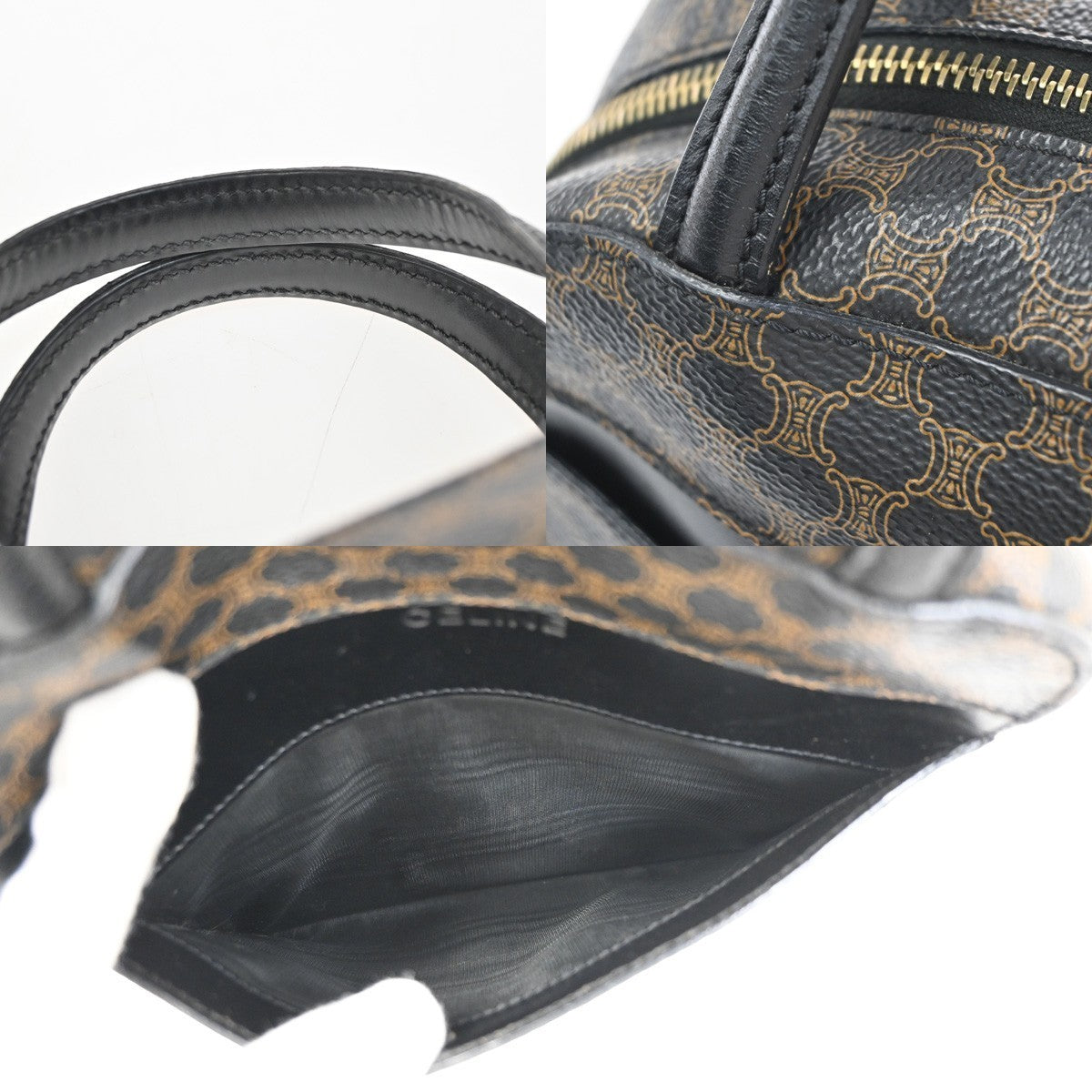 CELINE Logo Macadam Hand Bag PVC Leather Black  Brown GHW Italy 67KD092