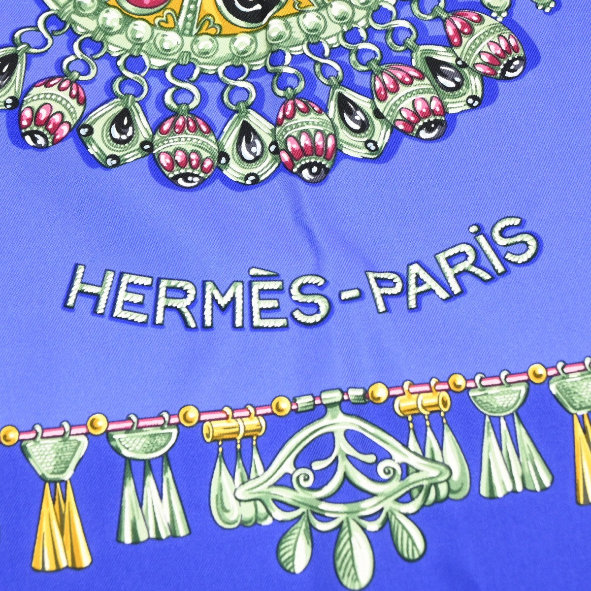 HERMES Logo Carre Scarf 90  " PARURES DES SABLES" 100% Silk Blue France 38YJ114