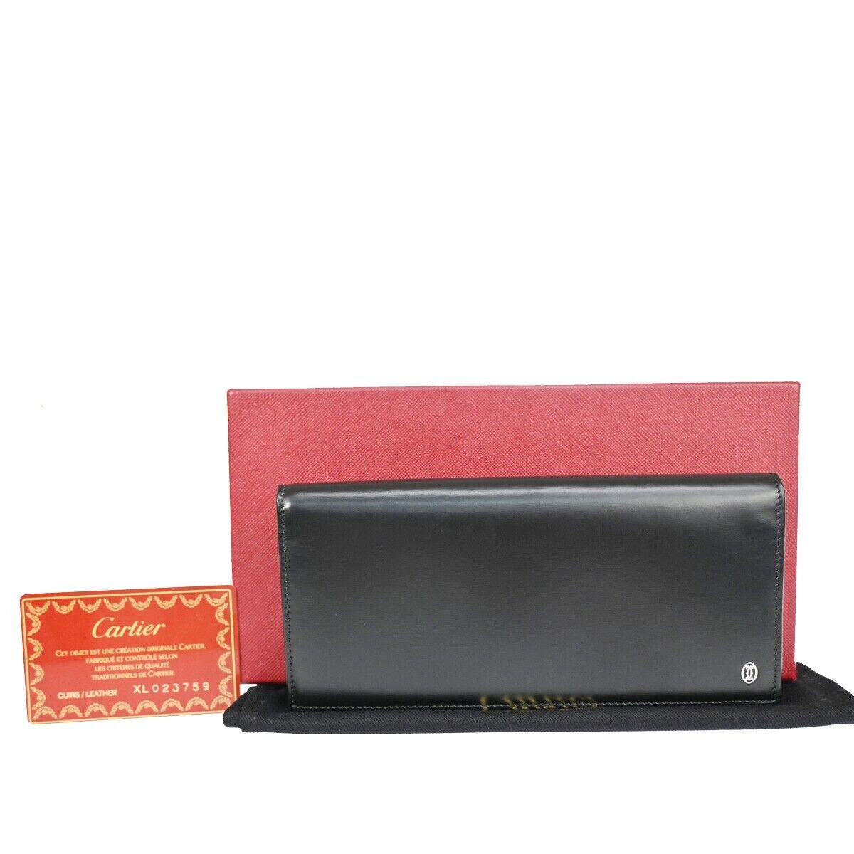CARTIER 2C Logo Bifold Wallet Purse Leather Black Silver Made in France 69GA852
