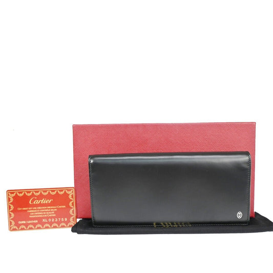 CARTIER 2C Logo Bifold Wallet Purse Leather Black Silver Made in France 69GA852