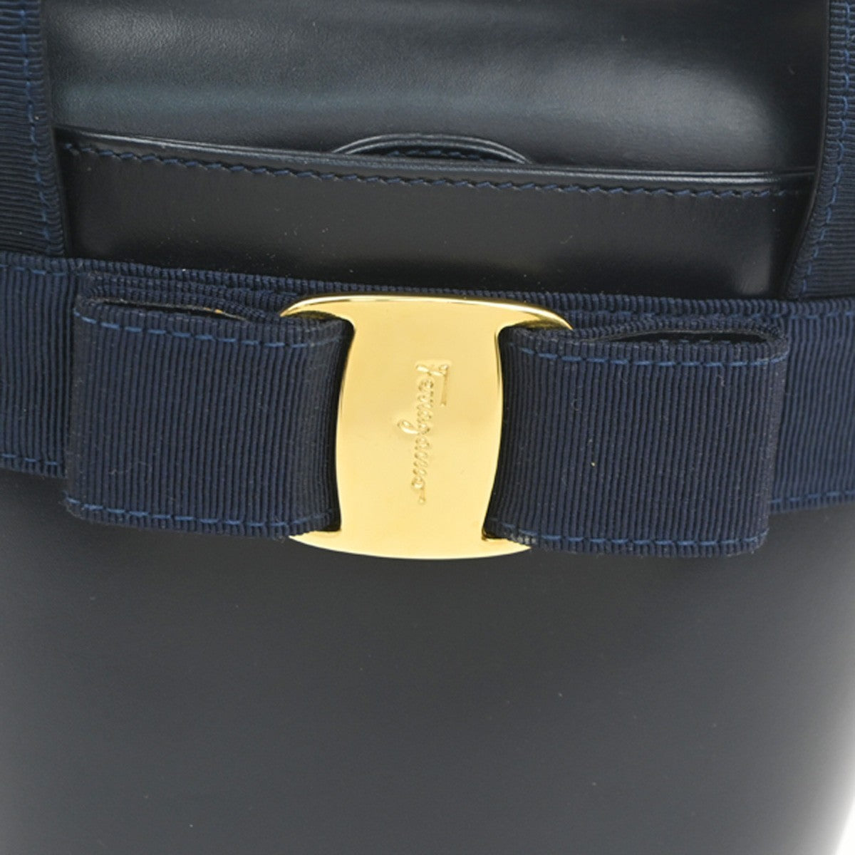 SALVATORE FERRAGAMO Logo Vara Hand Bag Leather Canvas Navy Blue GHW 64CA767