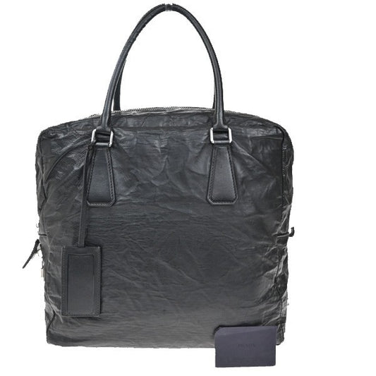 PRADA MILANO Logo Business Shoulder Hand Tote  Bag Leather Black Sliver 76FC101