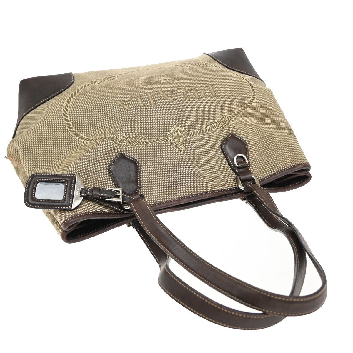 PRADA MILANO Logo Shoulder Bag Canvas Leather Brown Made in Italy 38KP156