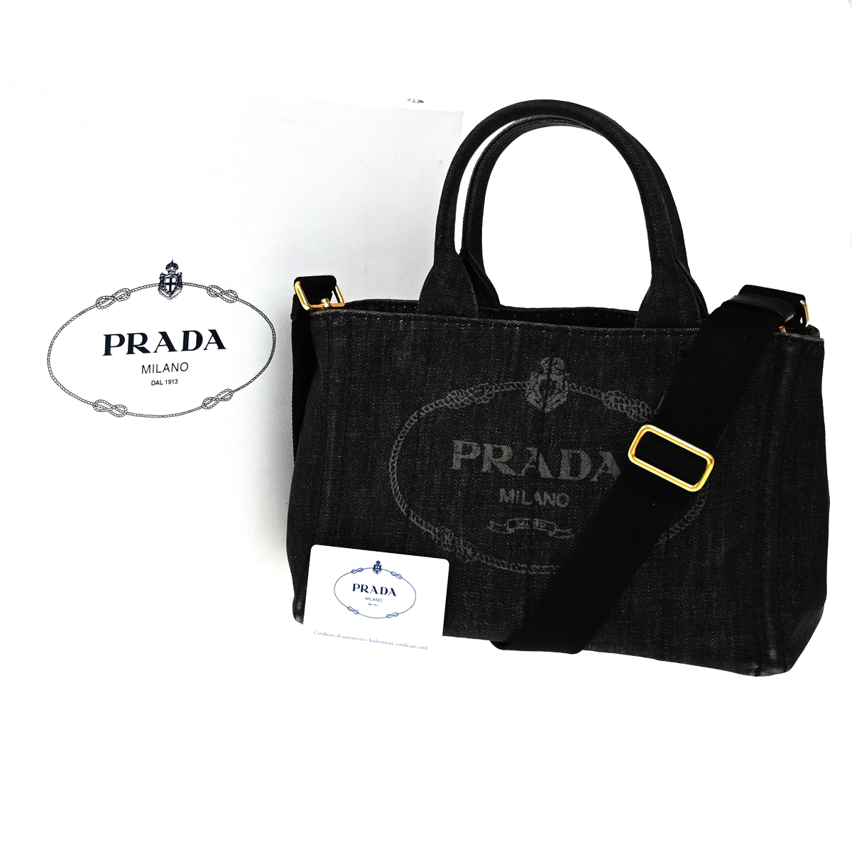 PRADA Logo Canapa 2Way Shoulder Hand Bag Canvas Leather Black GHW 77KP370