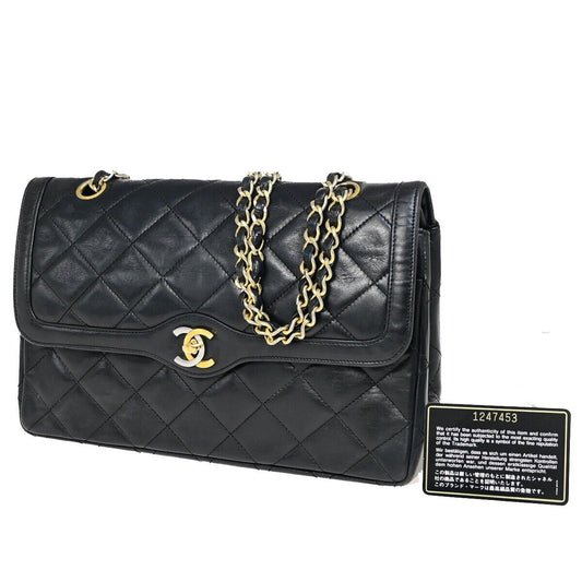 CHANEL CC Matelasse Paris Double Flap Chain Shoulder Bag Leather Black 644RF154