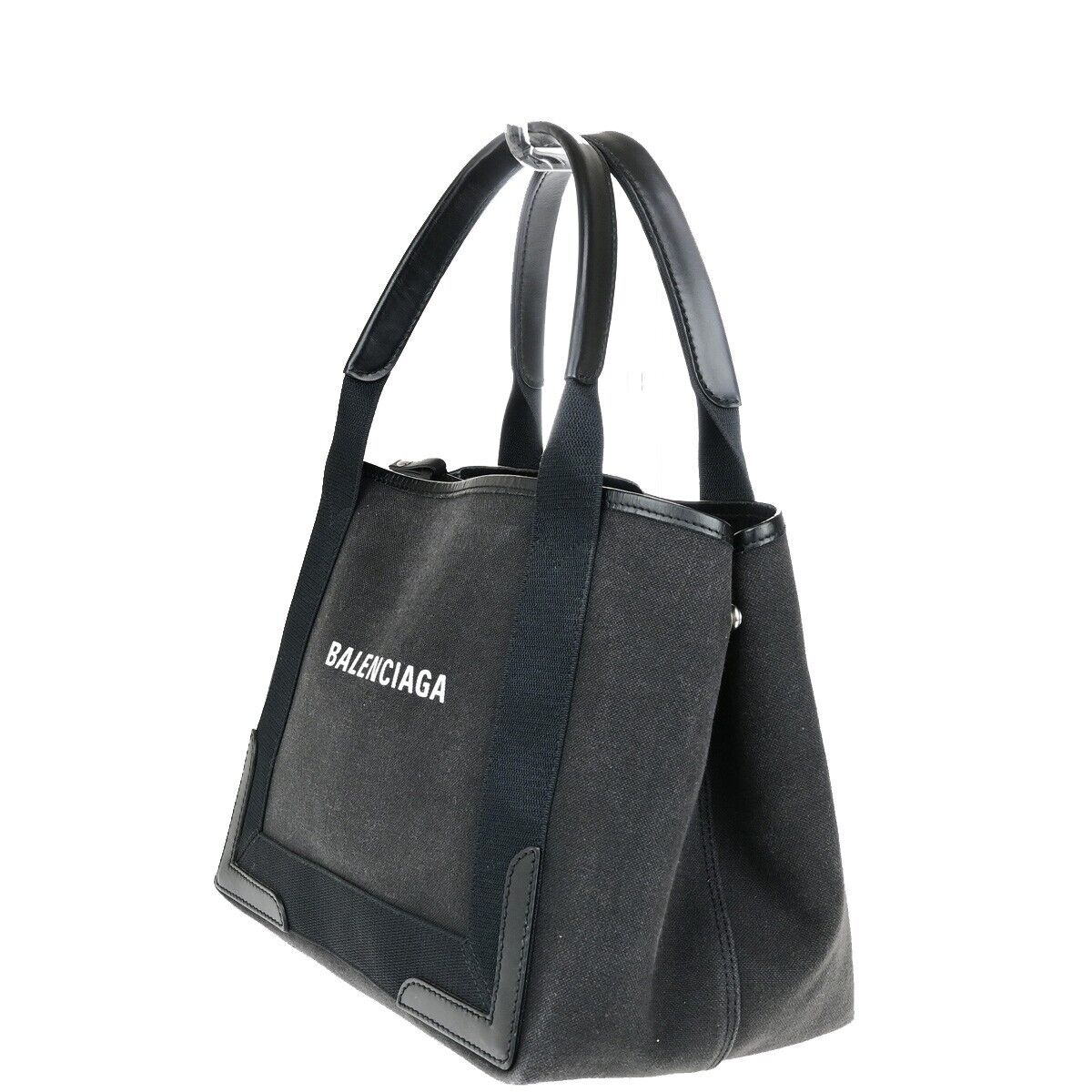 BALENCIAGA Navy Cabas S Hand Tote Bag Canvas Leather Black SHW Italy 32ED210