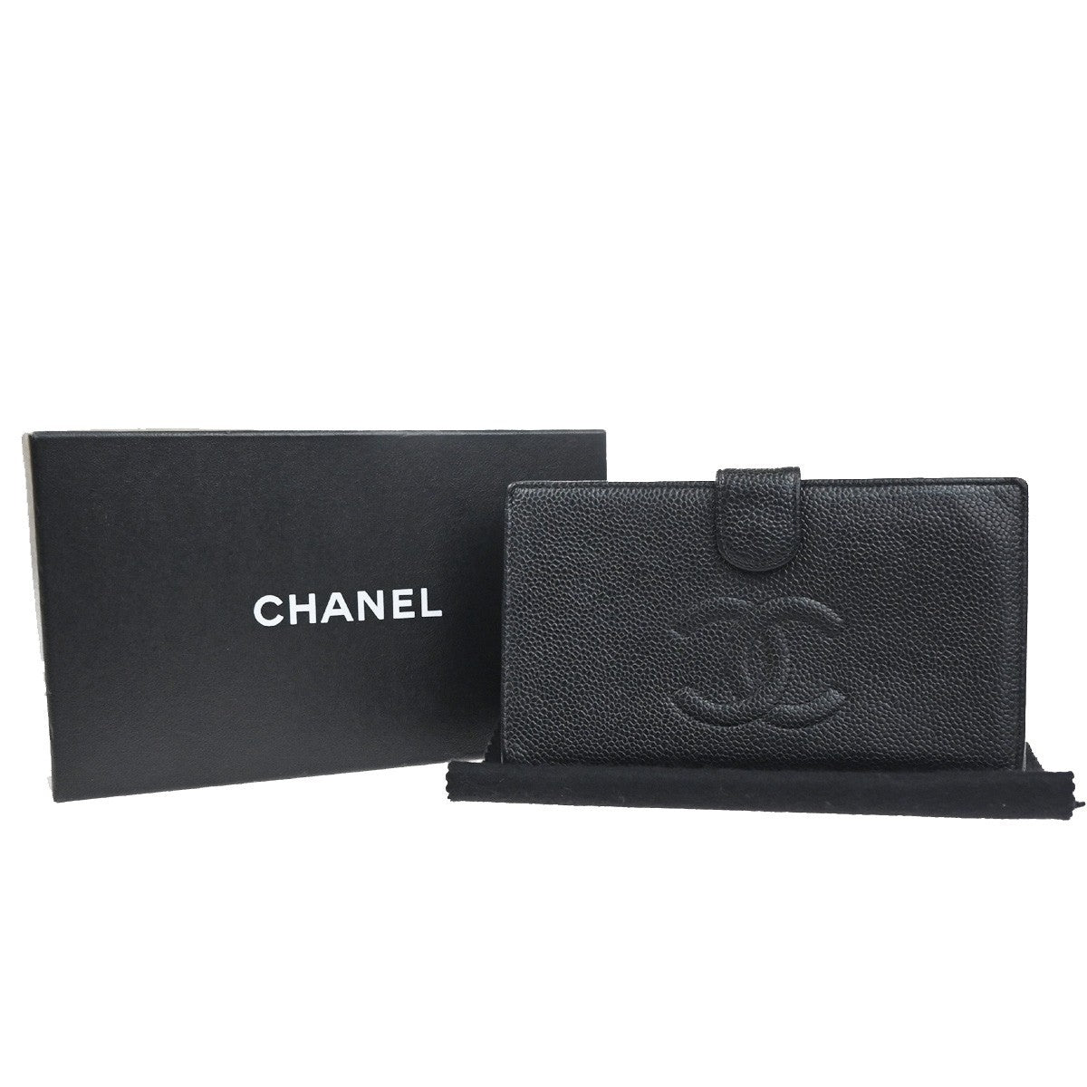CHANEL CC Logo Bifold Long Wallet Grained Calfskin Leather Black France 16RL991