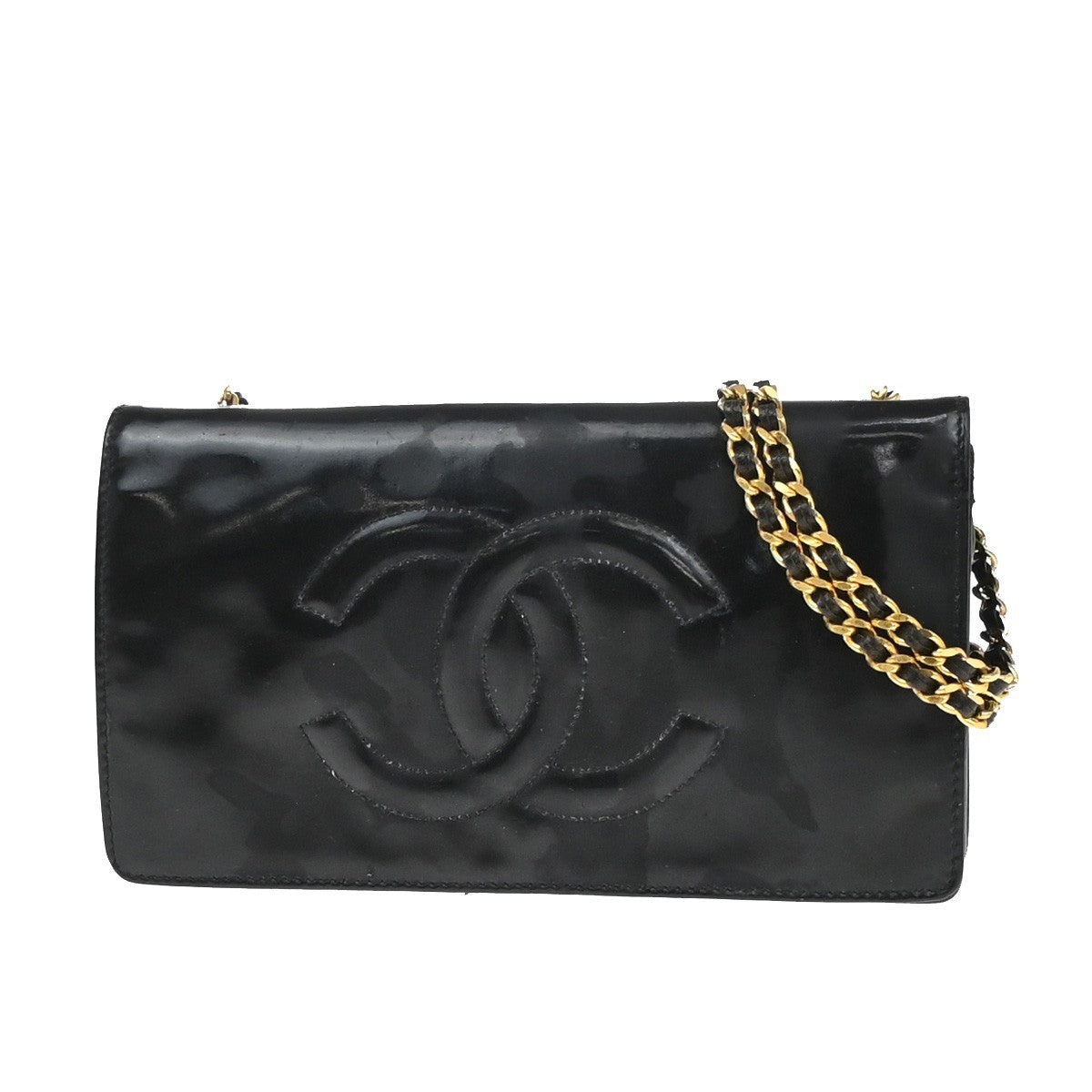 CHANEL CC Logo Mini Chain Wallet Shoulder Bag Patent Leather Black GHW 76RF666