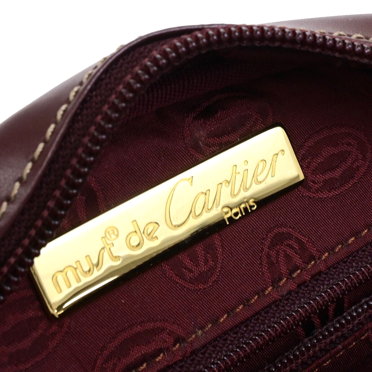 MUST DE CARTIER 2C Logos Shoulder Bag Leather Bordeaux Red Gold France 69FA310