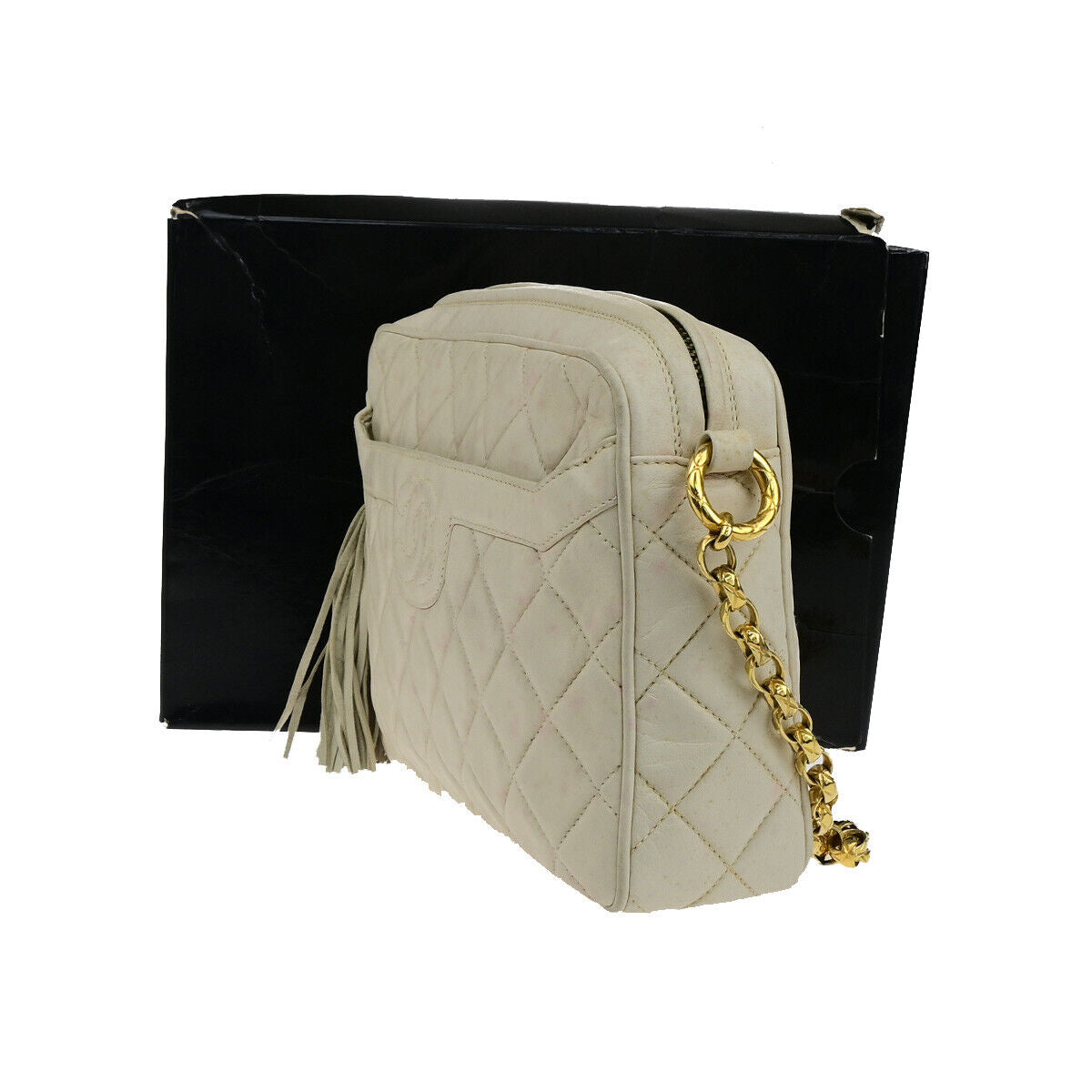 CHANEL CC Matelasse Tassel Chain Shoulder Bag Leather Ivory GHW Vintage 23RK412