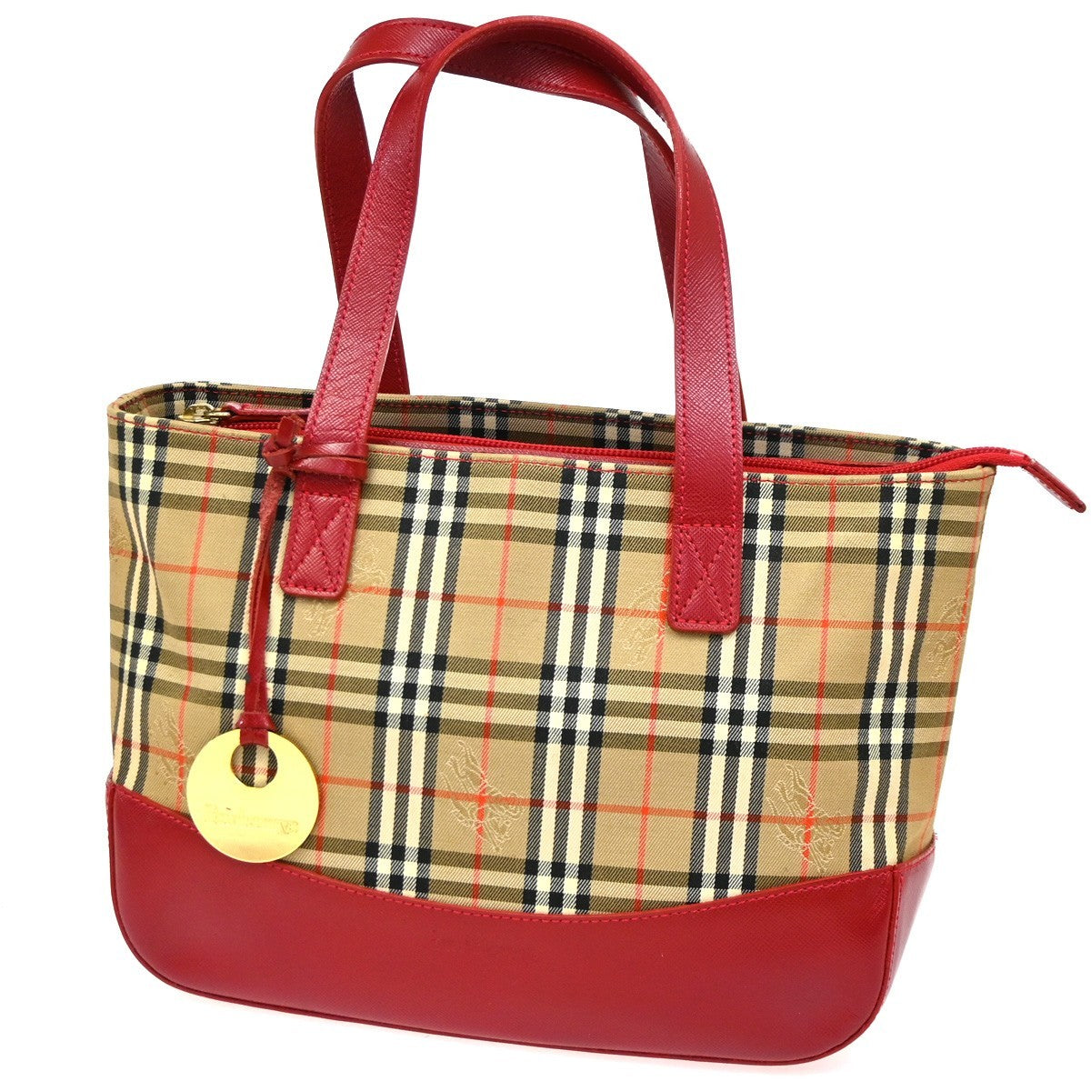 Burberrys Logo Nova Check Tote Handbag Canvas Leather Red Brown GHW  62DA319