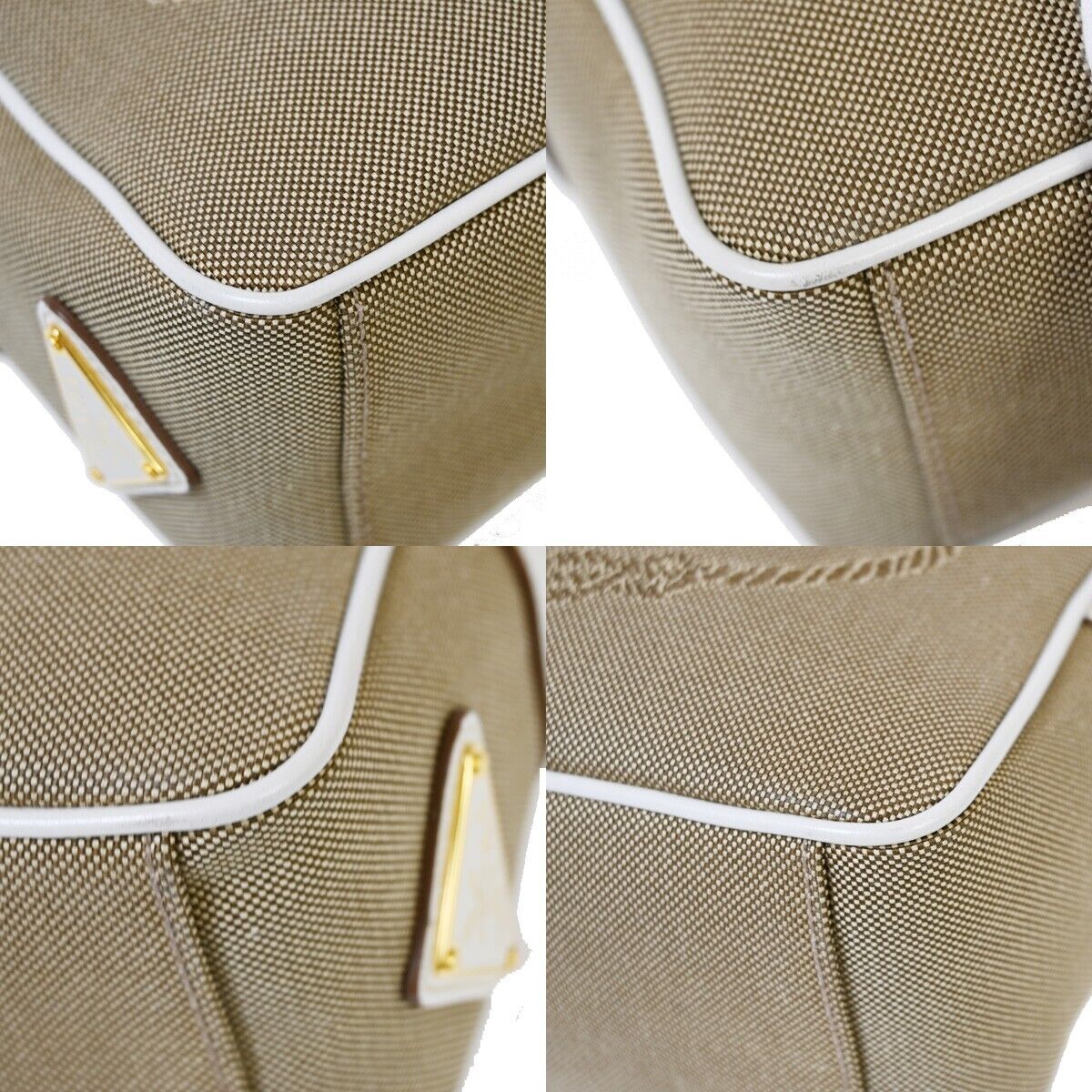 PRADA MILANO Logo Jacquard Shoulder Bag Canvas Leather Brown White Gold 50RJ741