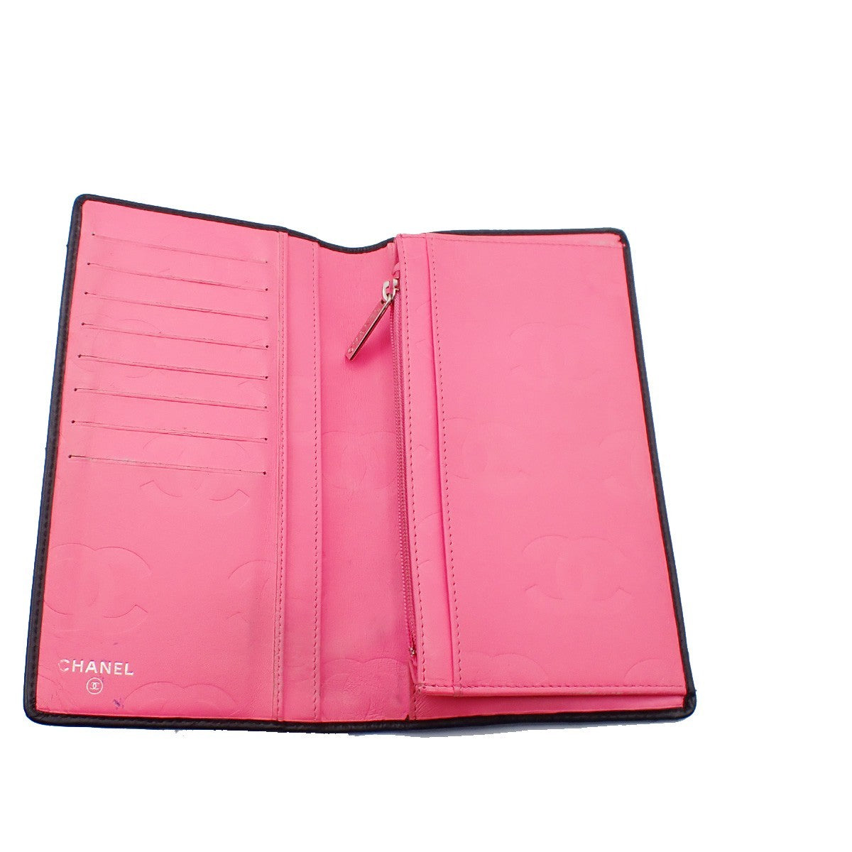 CHANEL CC Logo Cambon Long Bifold Wallet Purse Leather Black Pink Italy 33KC572