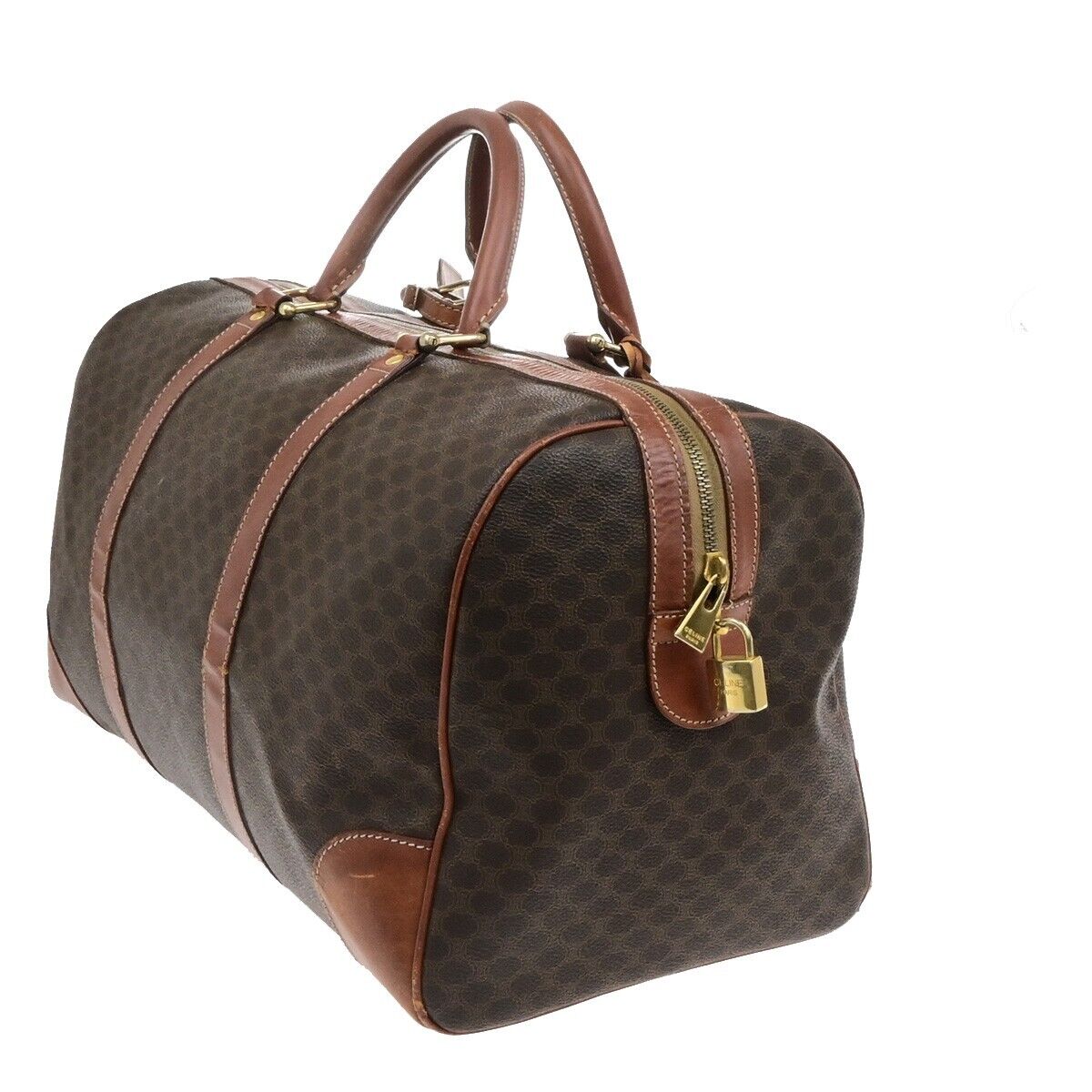 CELINE Macadam Pattern Travel Hand Bag PVC Leather Brown Gold Italy 64ED951