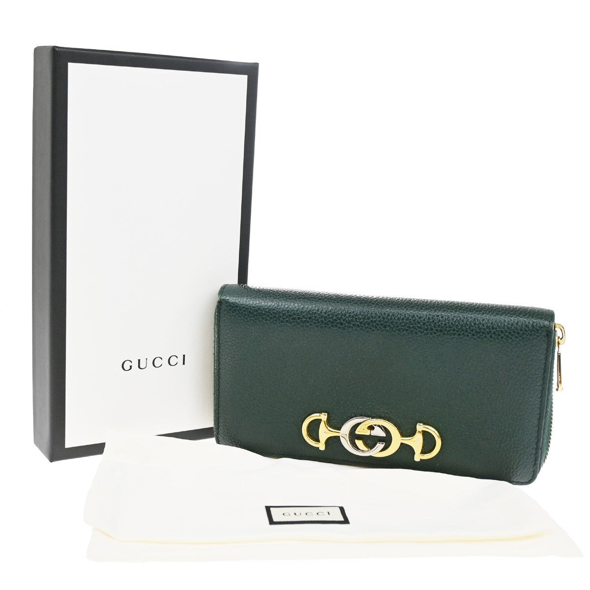 GUCCI G Horsebit Zip-around Long Wallet Leather Green GHW Italy 69CA415