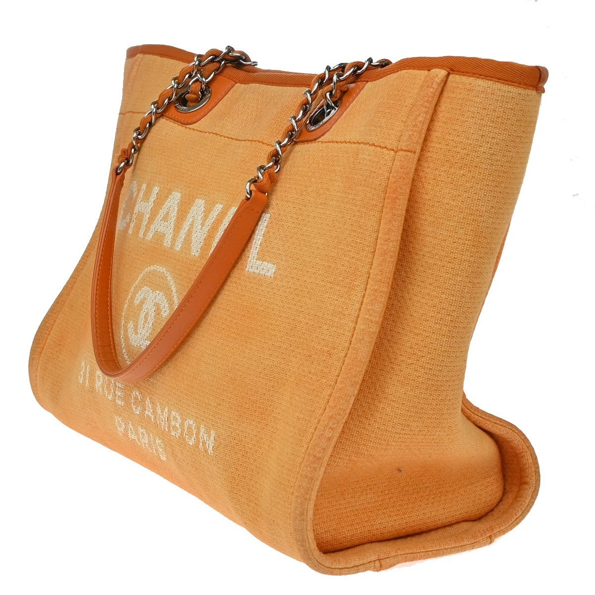 CHANEL Deauville Chain Shoulder Tote Bag Canvas Leather Orange Italy 373RF715