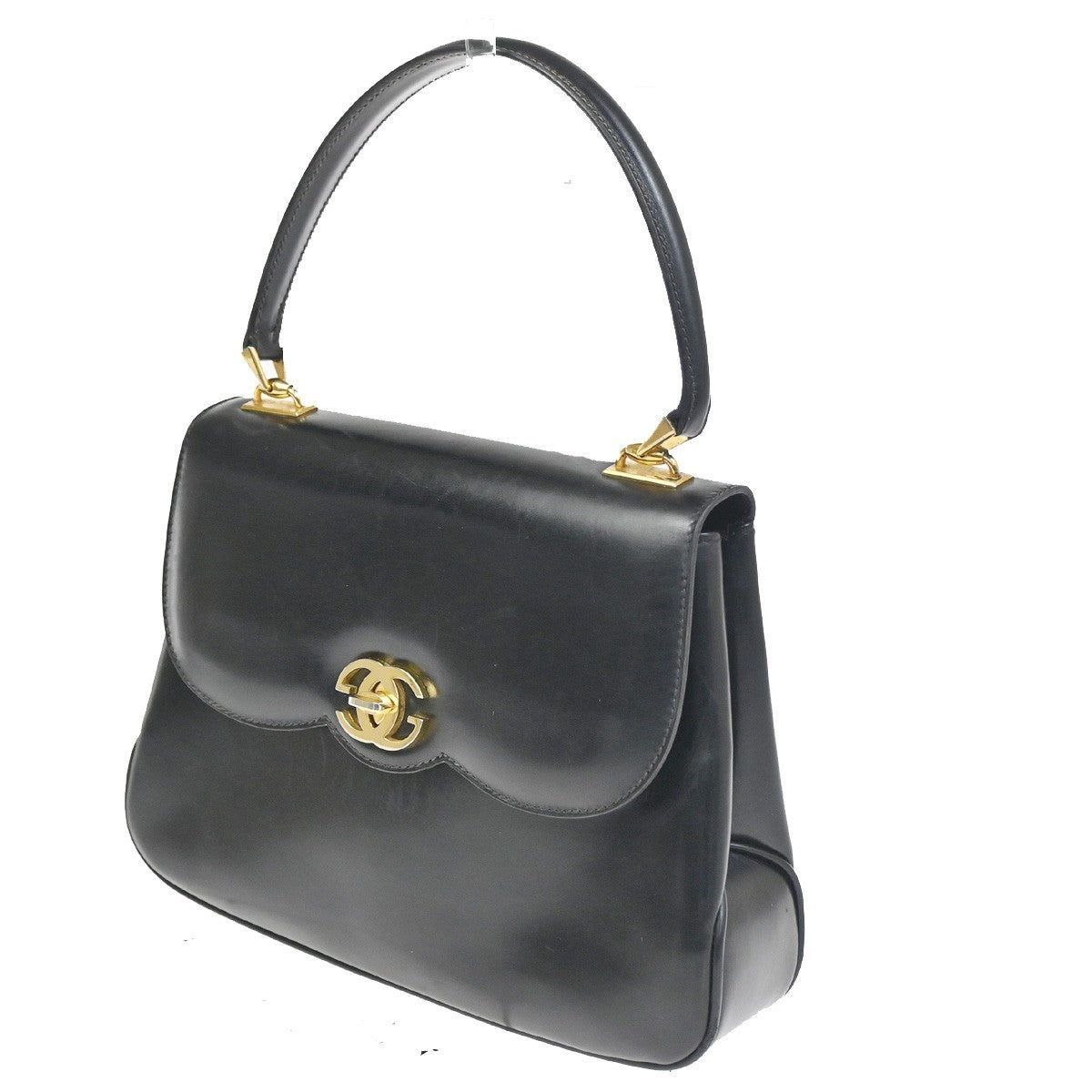 GUCCI Logo Interlocking GG Hand Bag Turn Lock Leather Black GHW Italy 67CA765