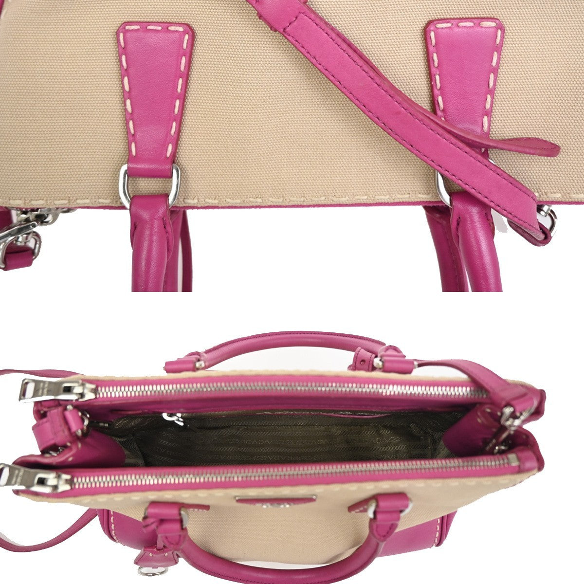 PRADA Logo Canapa City 2Way Shoulder Hand Bag Canvas Leather Pink BE SHW 98ZA359