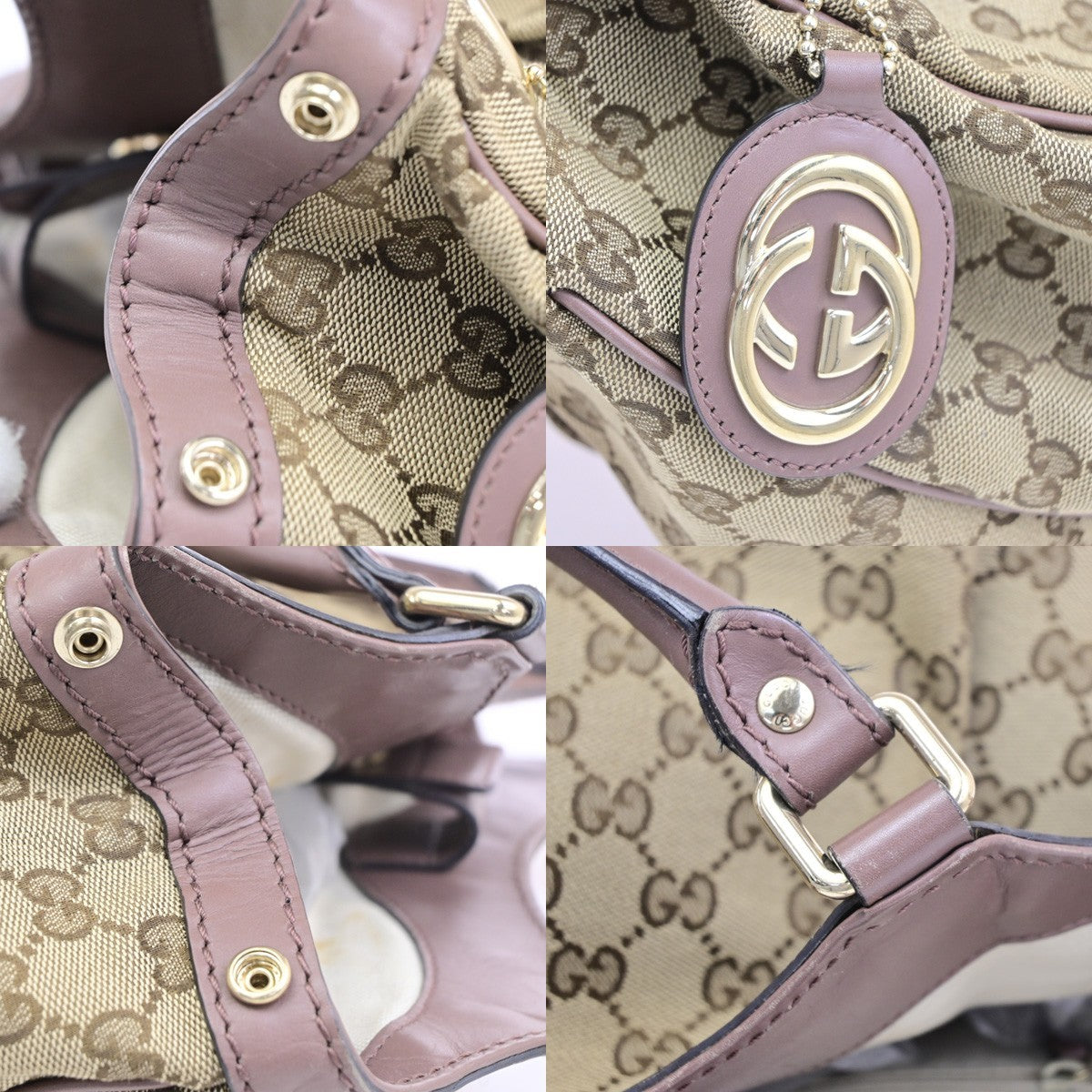 GUCCI Sukey Shoulder Hand Bag Canvas Leather Beige Pink GHW Italy 85CB047