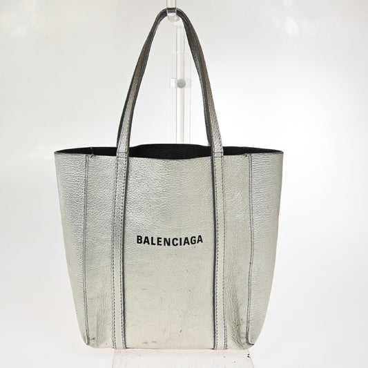 26.Live BALENCIAGA Logo Everyday Tote Hand Bag Leather Silver SHW 09CA906