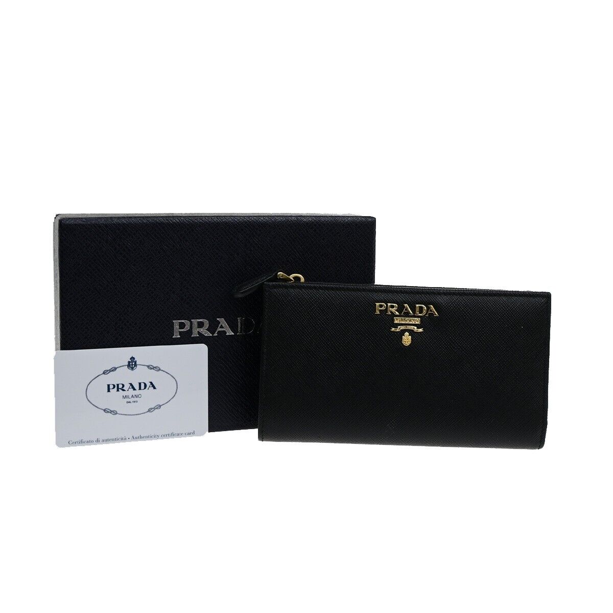 PRADA MILANO Bifold Long Wallet Saffiano Multicolor Leather Black Gold 35RK903