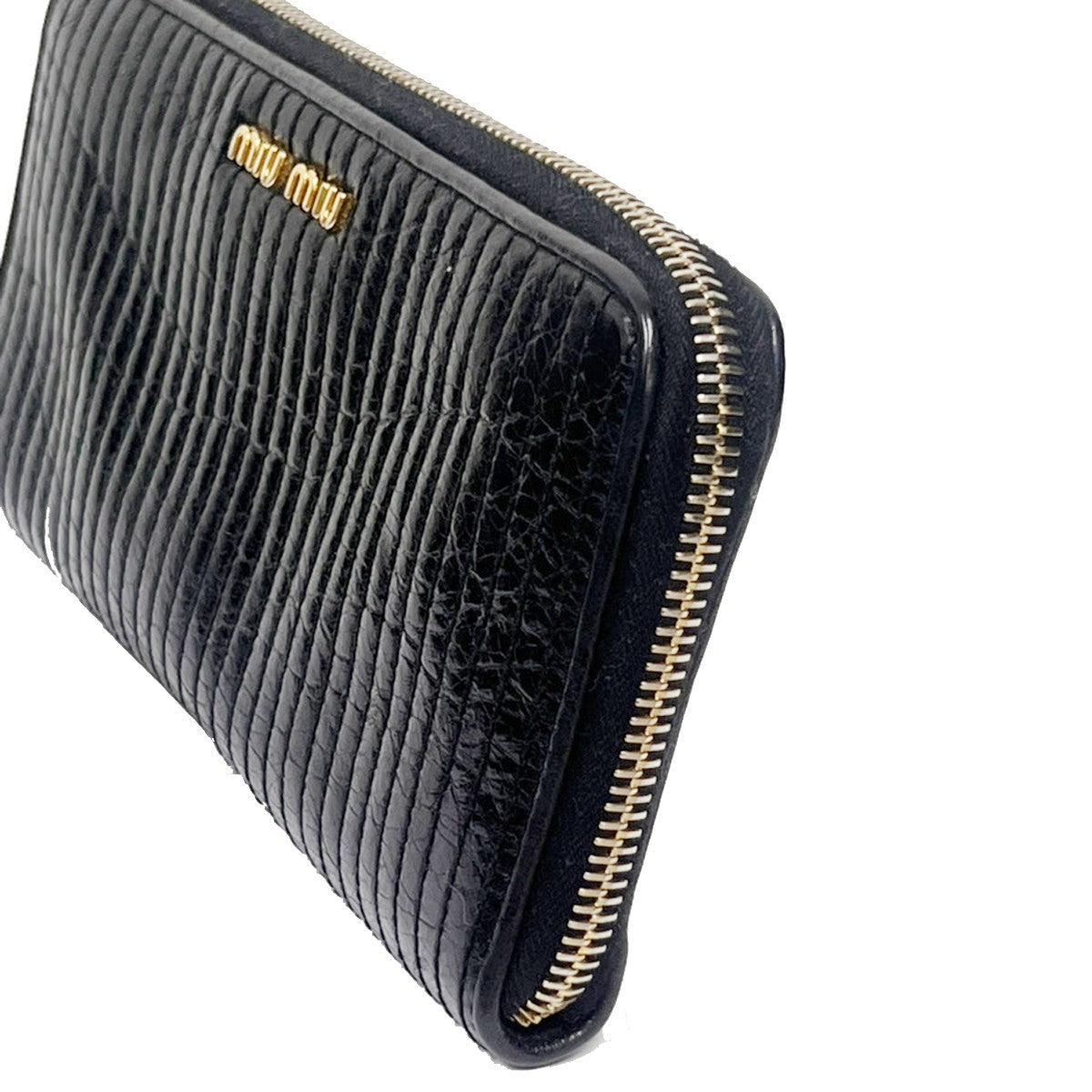 MIU MIU Logo Long Wallet Imitation Pearl Rhinestone Leather Black 60EG137