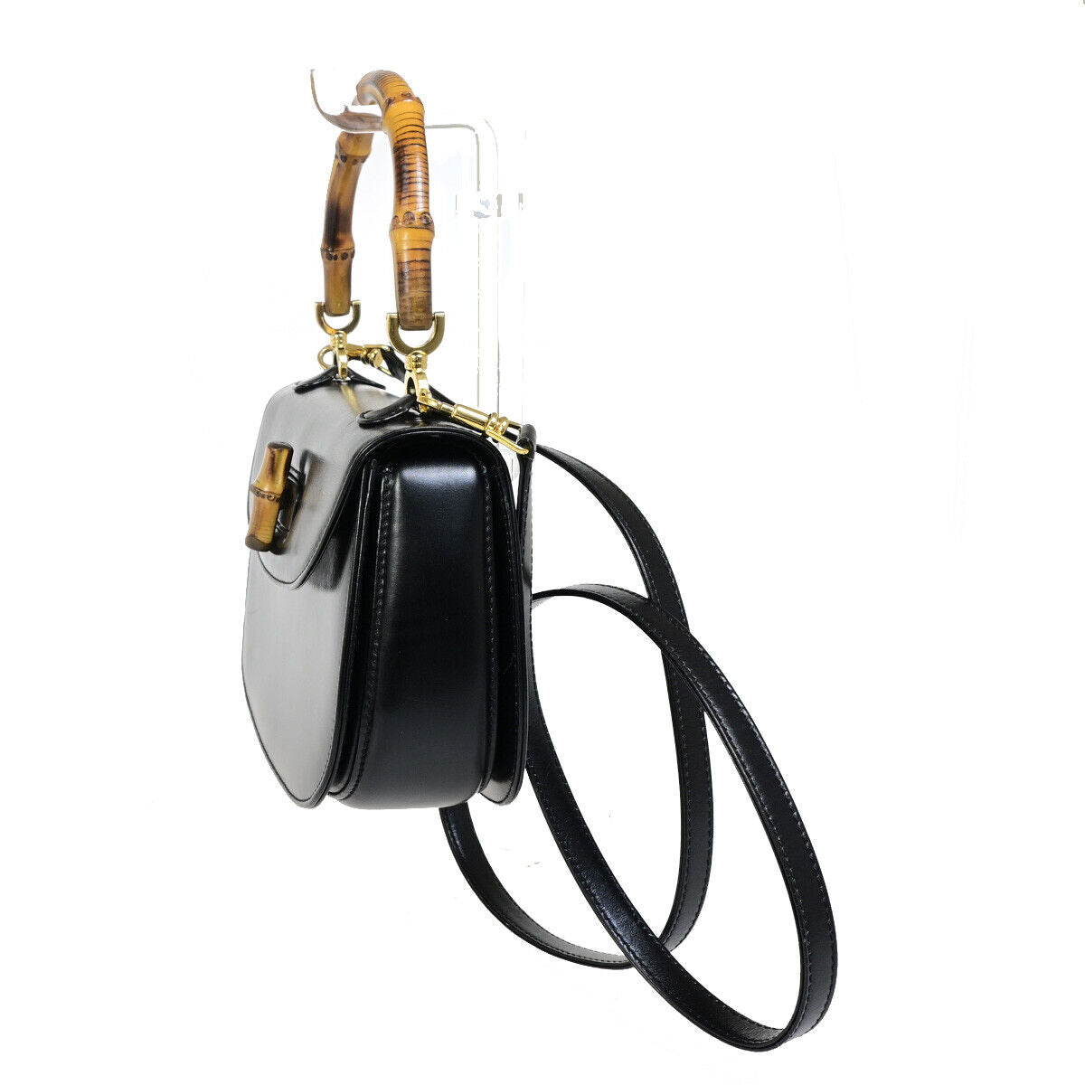 GUCCI Logo Bamboo 2Way Small Shoulder Hand Bag Leather Black GHW Italy 609RK553