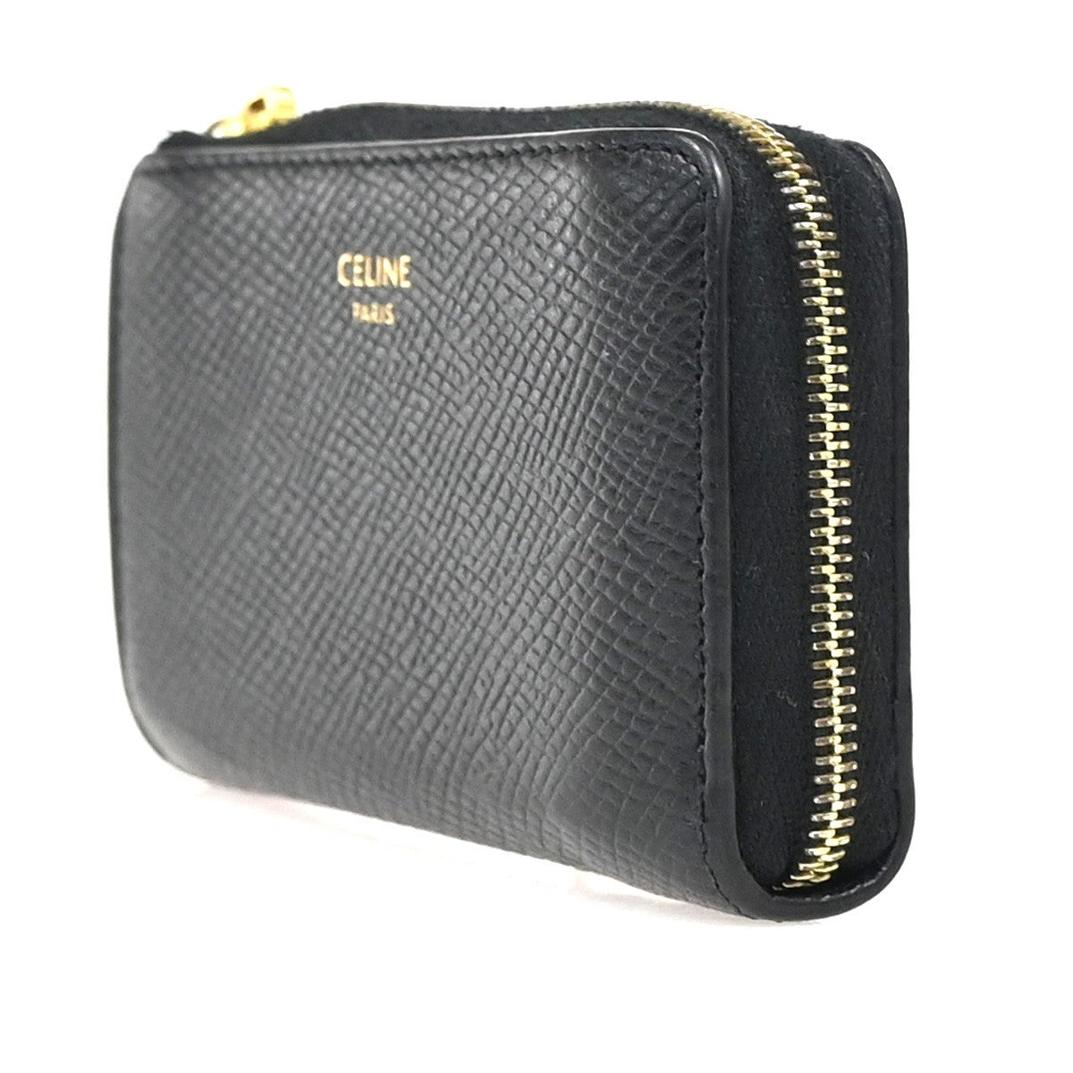 CELINE Logo Mini Zipper Compact Coincase Leather Black Gold Italy 64TA602