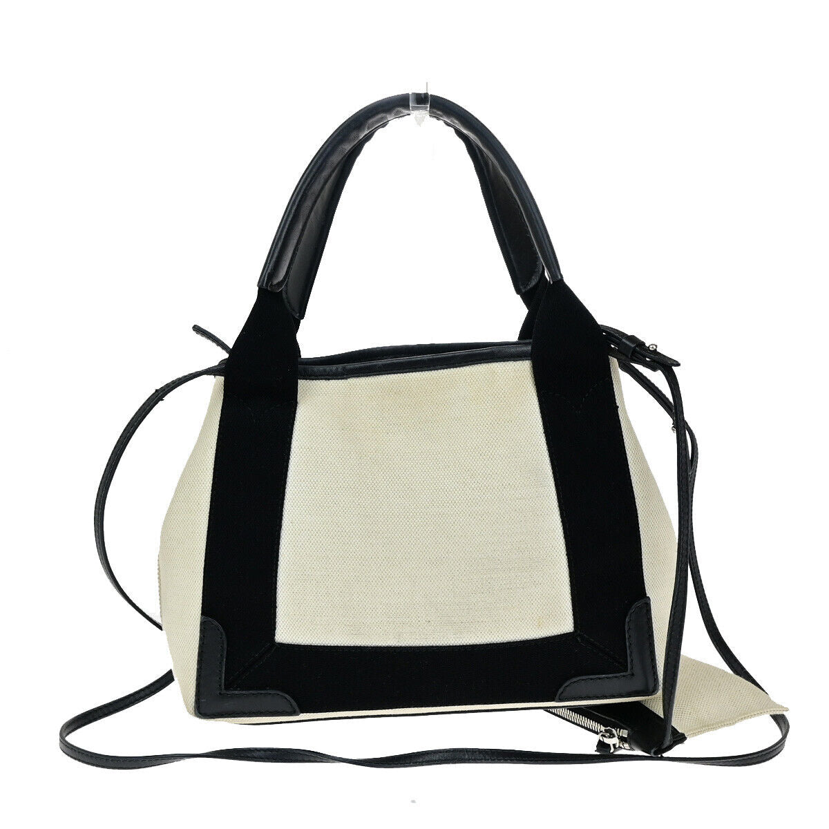 BALENCIAGA Navy Cabas XS 2Way Shoulder Hand Bag Canvas Leather Ivory BK 69YE661